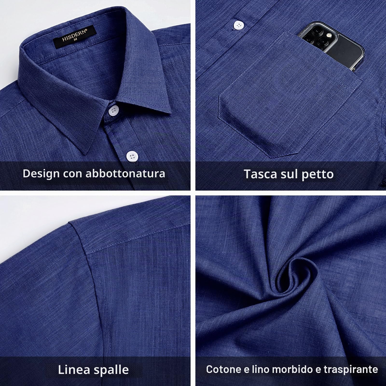 HISDERN Camicia da uomo a maniche corte, vestibilità regolare, casual, con bottoni, a contrasto interno, da lavoro, con tasca formale
