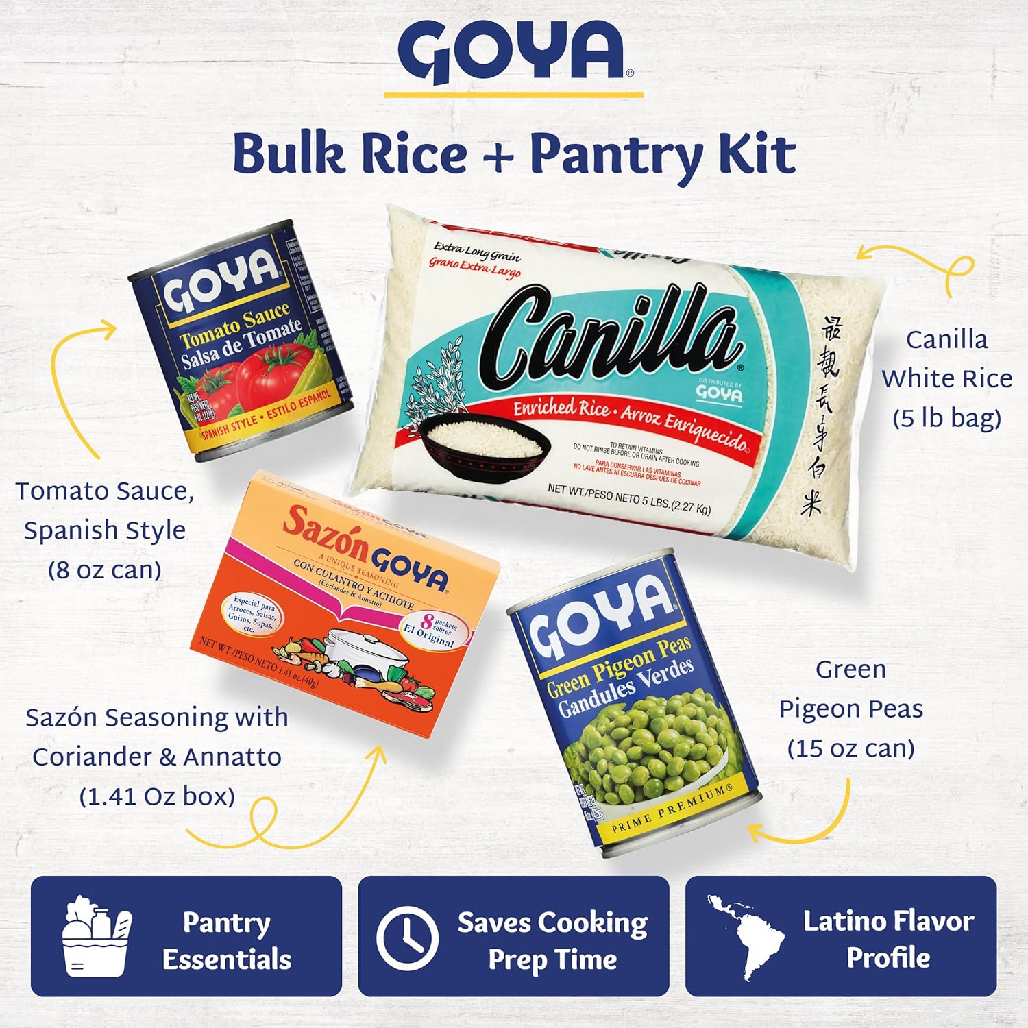 Goya Bulk Rice + Pantry Kit, Canilla Extra Long Grain White Rice (5 lb), Spanish Style Tomato Sauce 8 oz, Gandules Verdes 15 oz, Sazón with Coriander & Annatto 1.41 oz