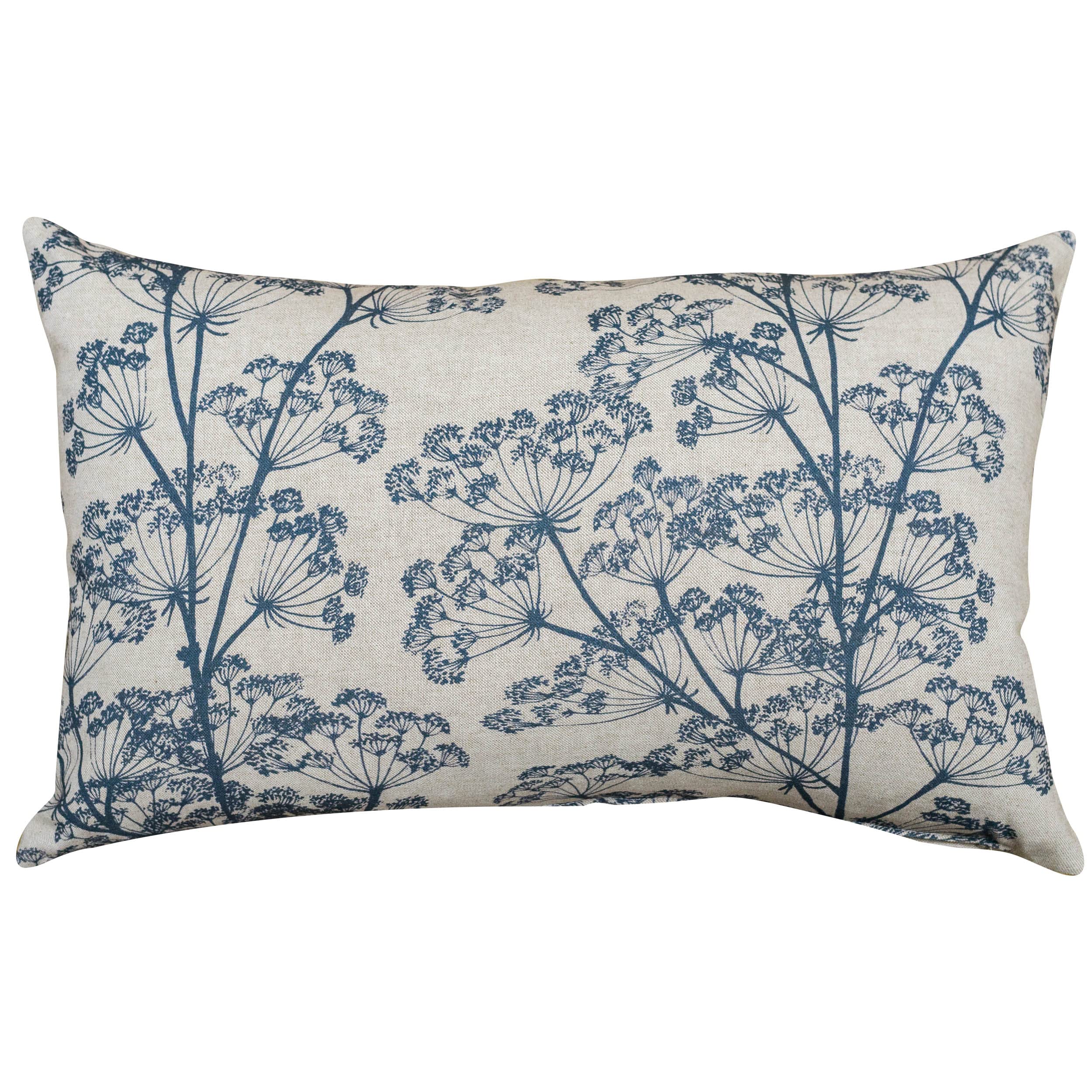 Linen Loft Denim Blue Cow Parsley Xl Rectangular Cushion Cover In And Natural Beige. Cottagecore Botanical Leaves & Flowers Design. 23X15 Cushion Cover Only