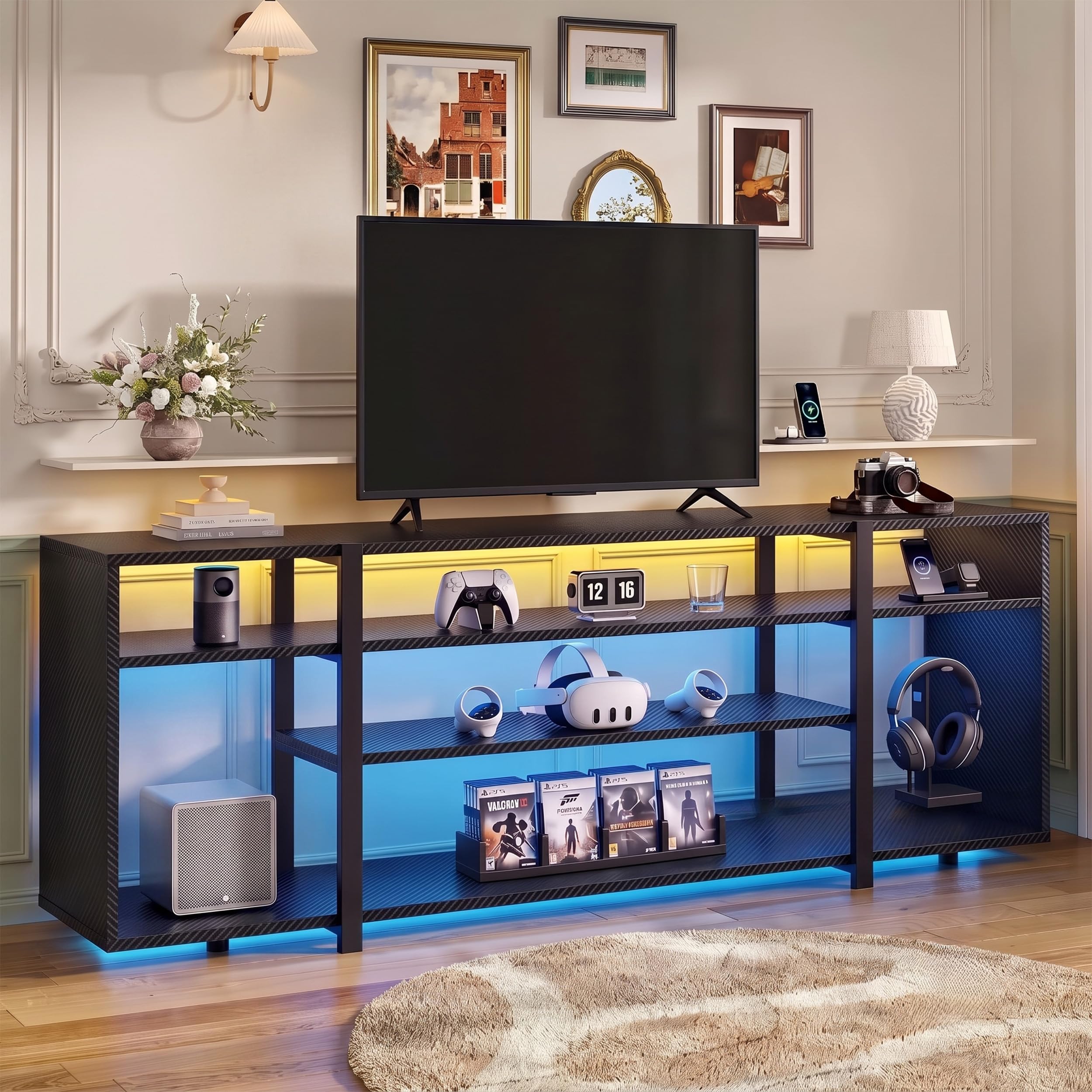 Blisswood LED TV Unit, Gaming TV Stand Cabinet with RGB Lights for TV up to 65 Inch, 7 Open Storage Shelves, Carbon Fiber Black Media Console Cabinet, 140cm Industrial Metal Frame Unit for Living Room