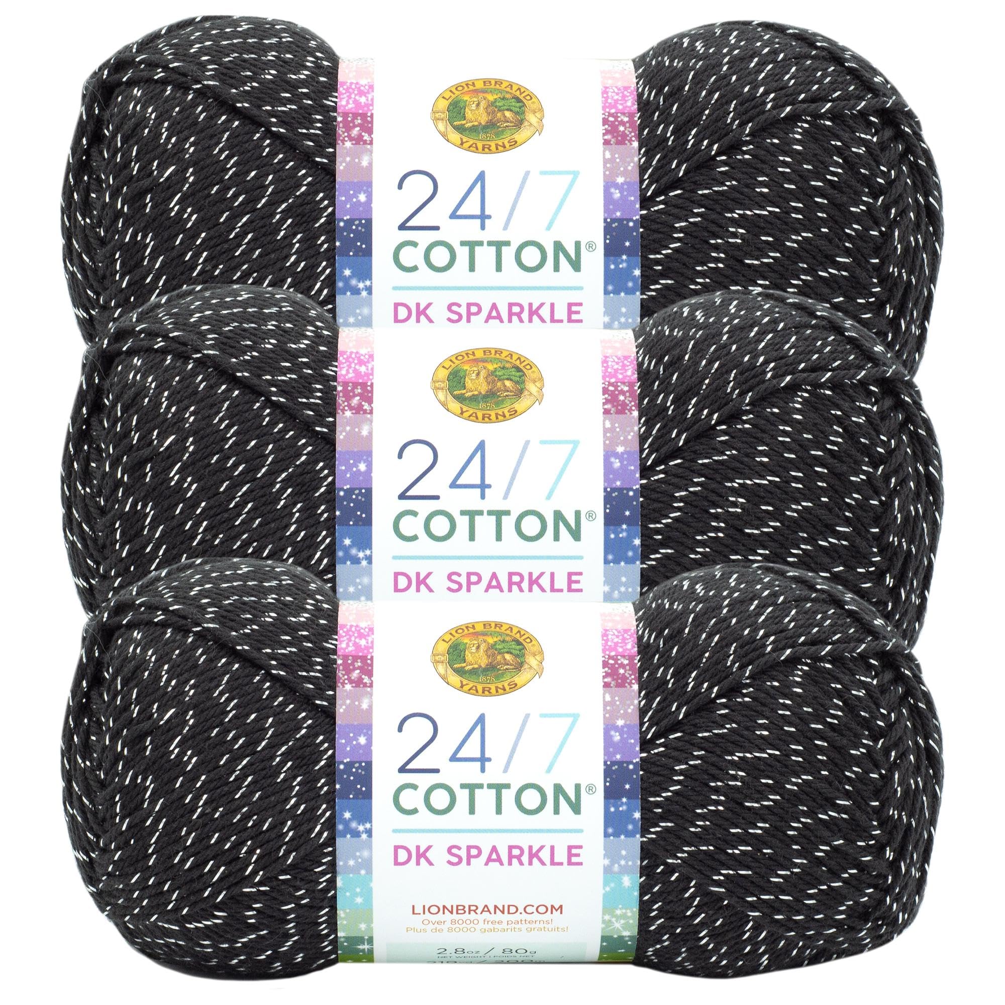 Lion Brand Yarn 24/7 DK Sparkle Lightweight Yarn for Crochet, Knitting, Crafts, Night Sky, Metallic Black, 3 Pack, Natural Fiber for Soft Shawls, Lightweight Blankets, Summer Projects