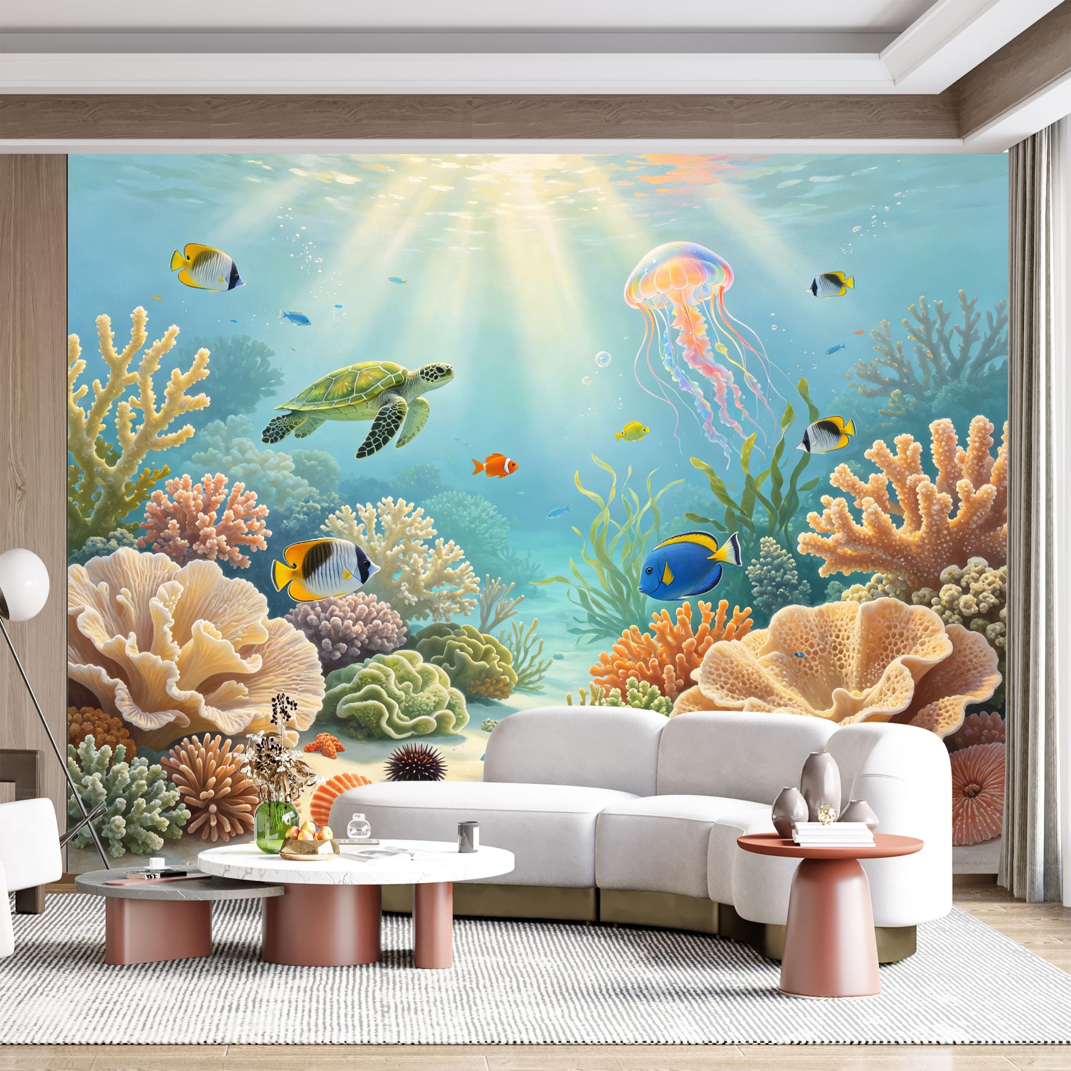 Custom Size Wall Mural Underwater World Marine Life Ocean Scape with Turtle Jellyfish and Coral SelfAdhesive Wall Fabric Removable for Home Office Decor