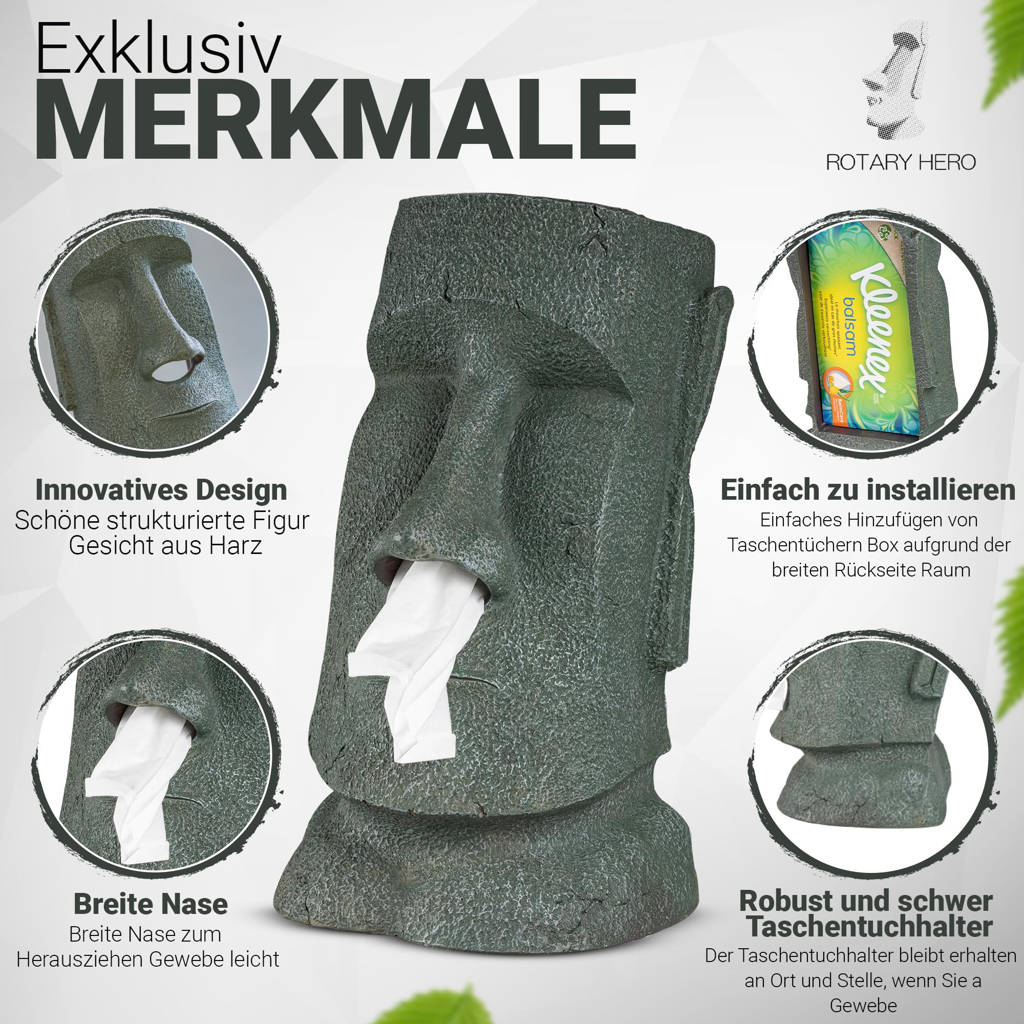 Rotary Hero Moai-Taschentuchspender - Servietten-Taschentuchbox mit Moai-Figur - Dekorativer Taschentuchhalter für Küche, Bad und Schlafzimmer - 18 x 14,5 x 32 cm
