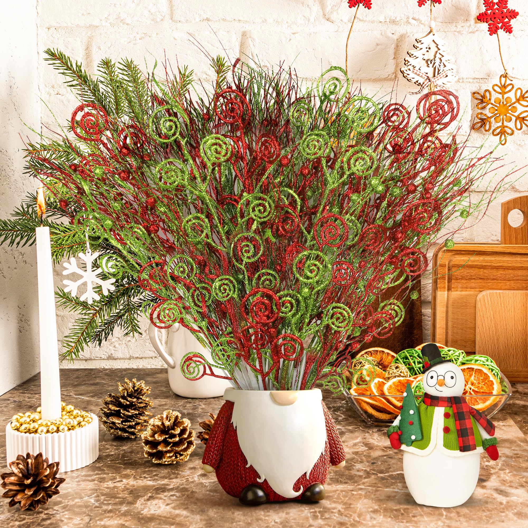 Tifeson Decoraciones de Navidad, color rojo y verde con purpurina artificial, tallos de bayas rizadas, rellenos de jarrones