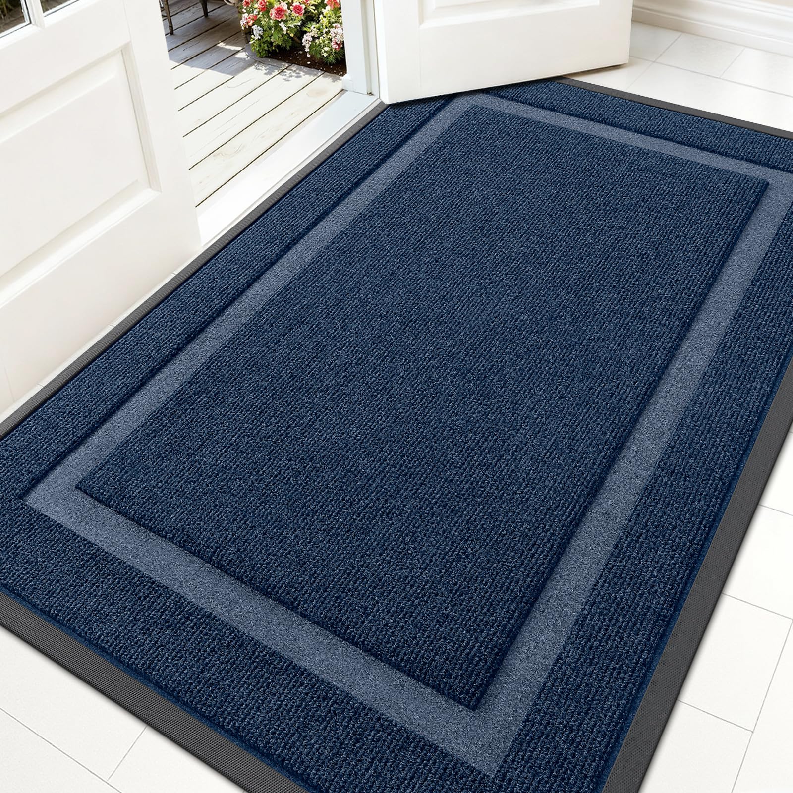 OLANLY Front Door Mat Indoor Outdoor Entrance, Waterproof All-Season, All-Weather Doormat, Sturdy Natural Rubber, Fade Resistant, Low Profile, Easy Clean Patio Porch Entryway Mat, 59x35, Blue
