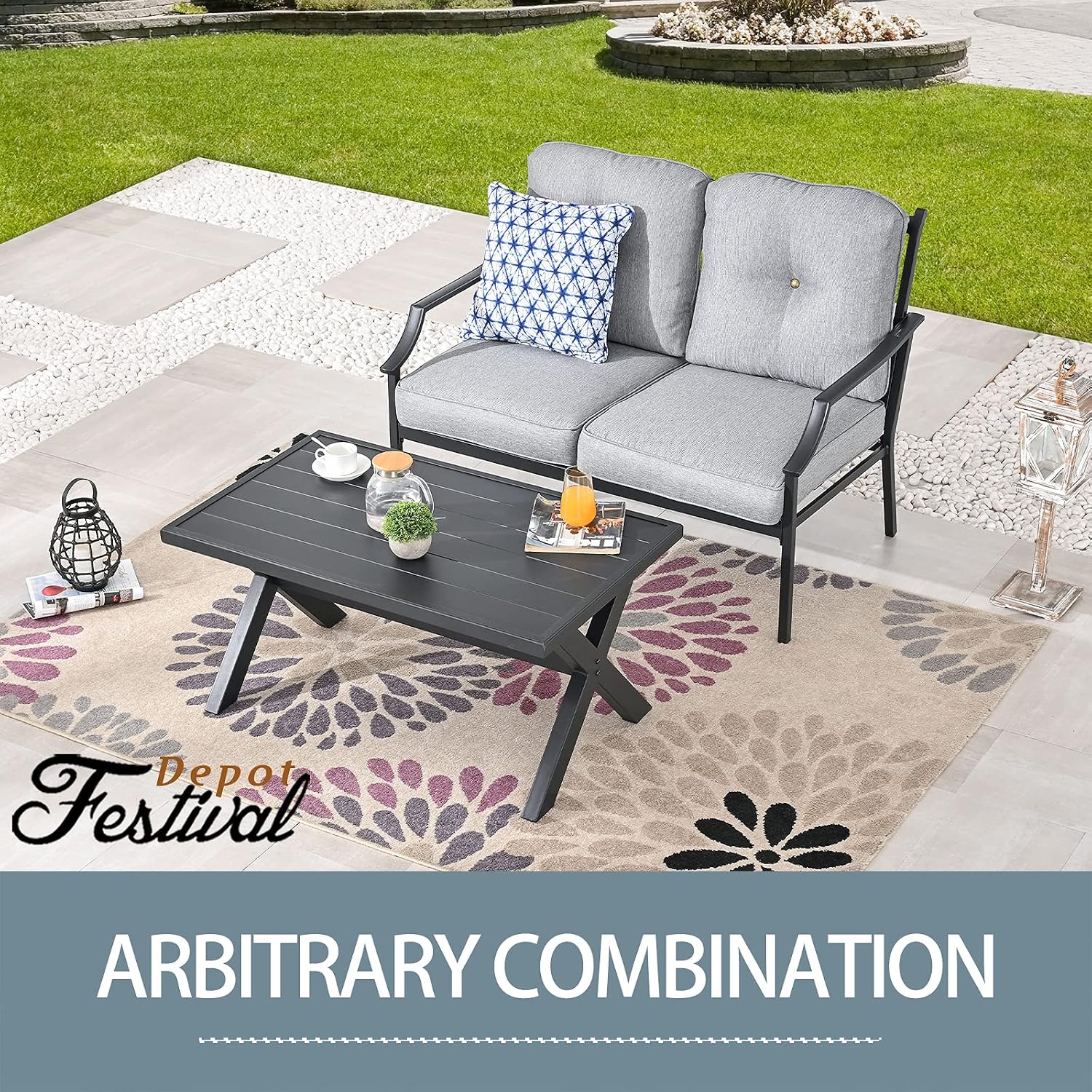 Festival Depot 2 Pcs Patio Loveseat with Thick Cushions and Coffee Table Metal Small Conversation Set Outdoor Furniture for Garden Bistro (Beige)