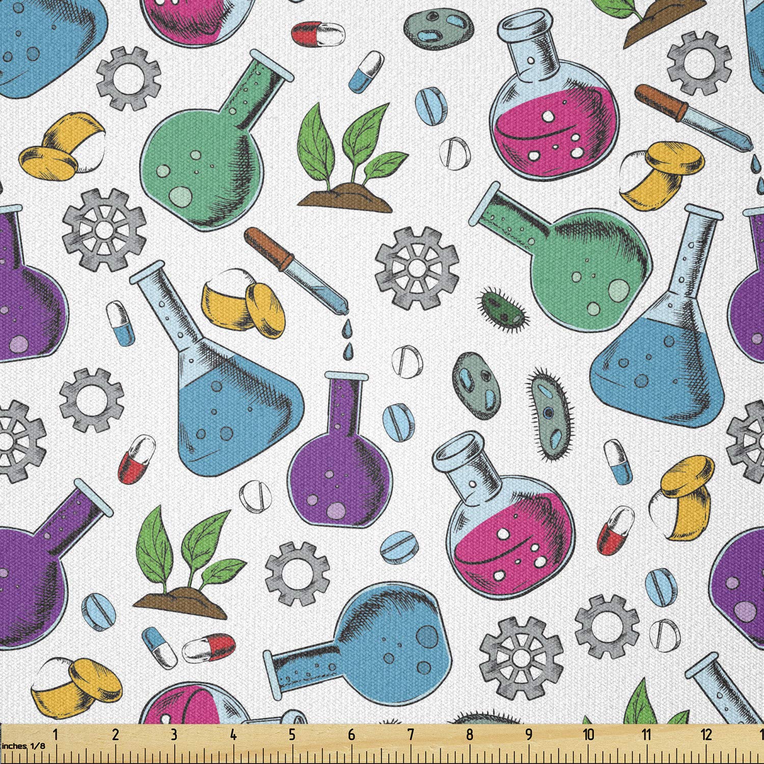Ambesonne Lab Fabric by The Yard, Chemicals Pills Bacteria Cell and Plant Pharmaceutical and Botanical Research, Stretch Knit Fabric for Clothing Sewing and Arts Crafts, 5 Yards, Multicolor