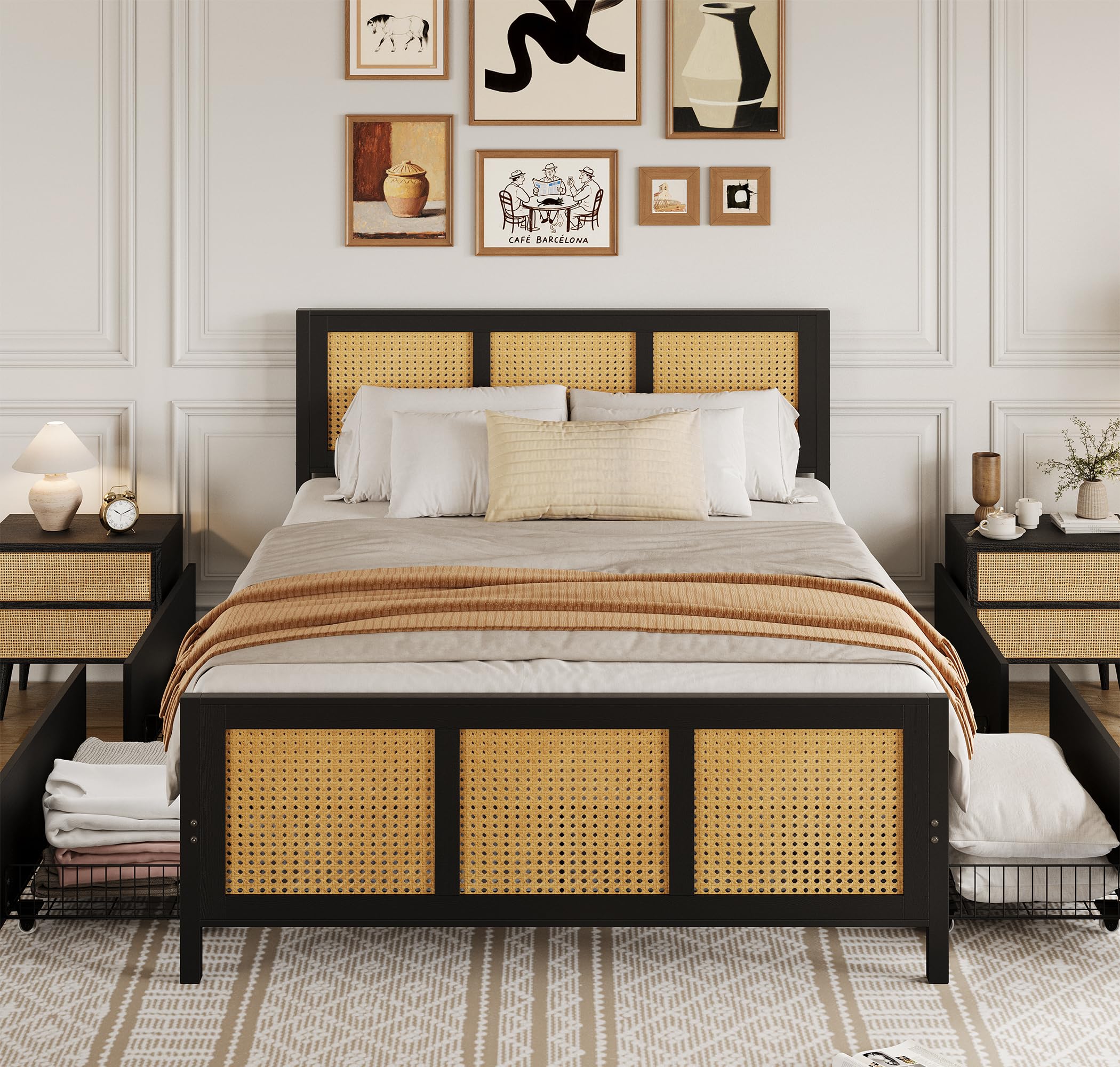 GarveeHome Black Rattan Bed Frame with Headboard, Boho Cane Platform Queen Bed Frame with 4 Drawers, Strong Metal Slats Support, Noise Free, No Box