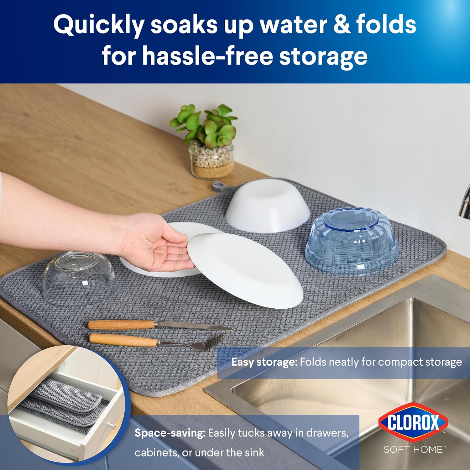 Clorox Plush Drying Mat - Polyester Polymide Blend - Ultra Absorbent Microfiber, For Drying and Draining Dishes at Kitchen Sink - 17.5"x23.5" & 10"x14" - Grey 2 Pack