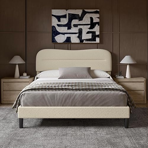 Miniatura 4 de Base de cama tamaño Queen con cabecero, marco de cama tapizado tamaño Queen, tela suave de peluche, cabecera tapizada en forma de malvavisco de nube