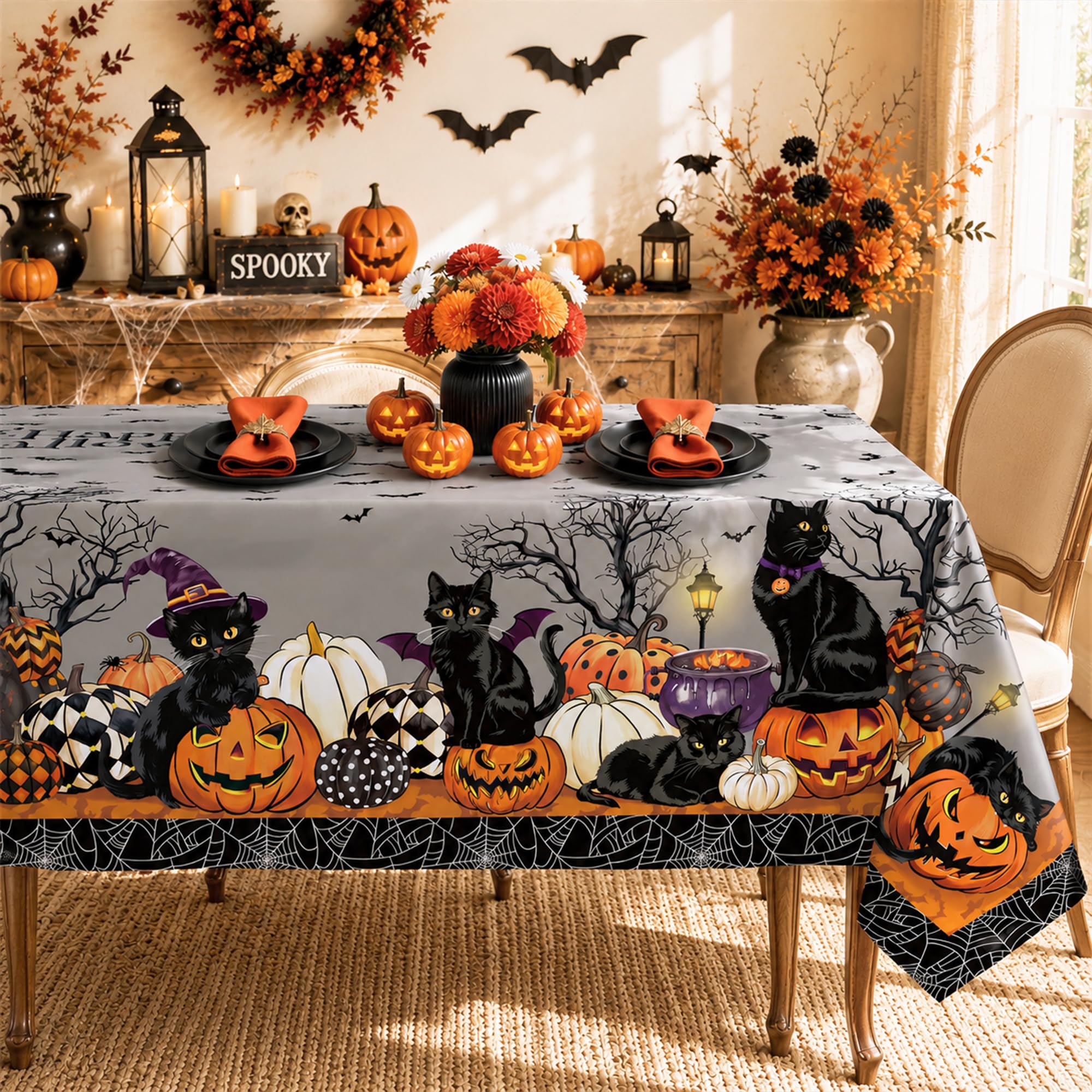Arquiel Halloween Black Cat Polyester Tablecloth, Pumpkin, 152 x 264 cm