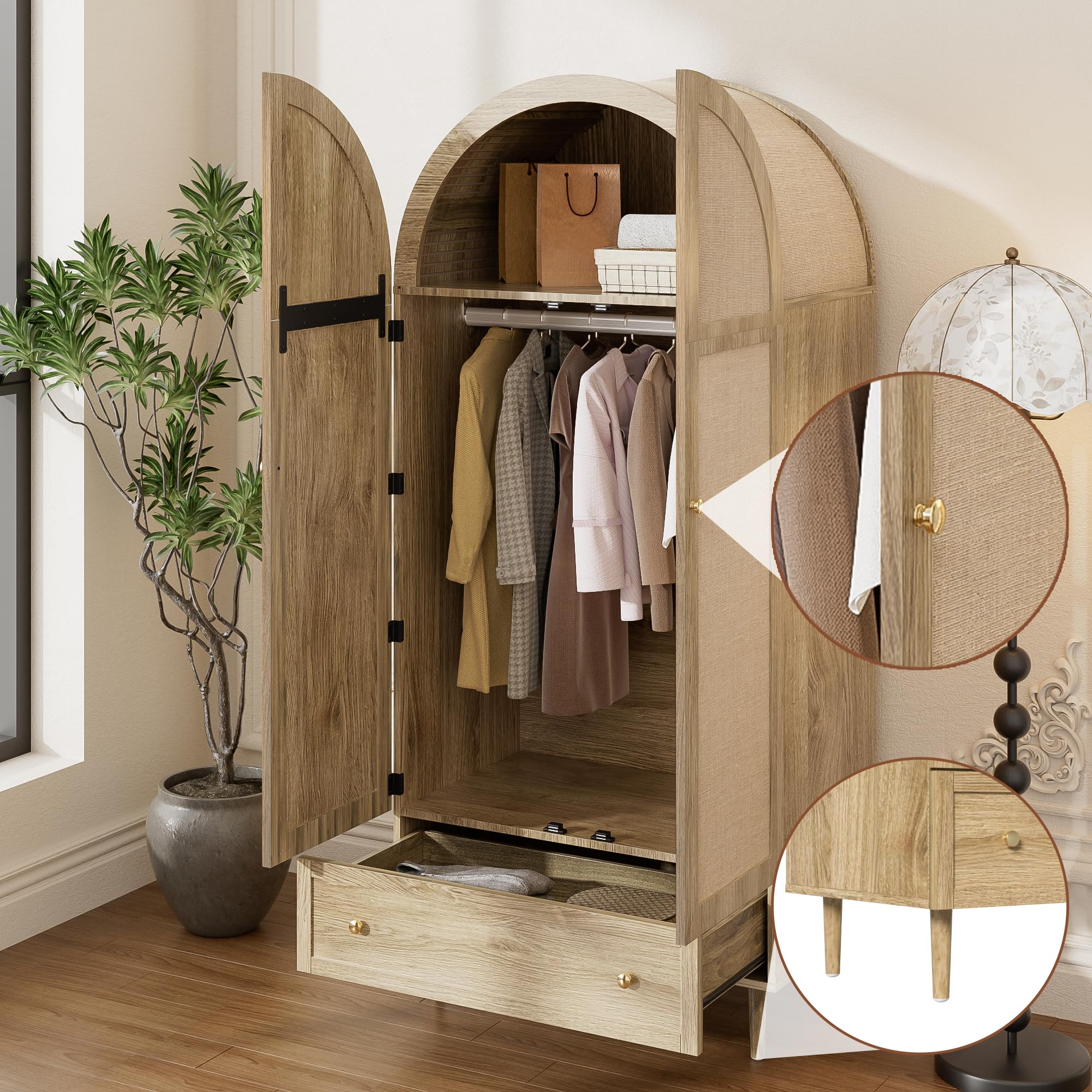 Armoire De Chambre, Armoire en Rotin à 2 Portes avec Grand Tiroir, éTagèRes RéGlables en Hauteur Et Tringle à VêTements, Anti-Basculement 175 X 80 X 50Cm, Chêne