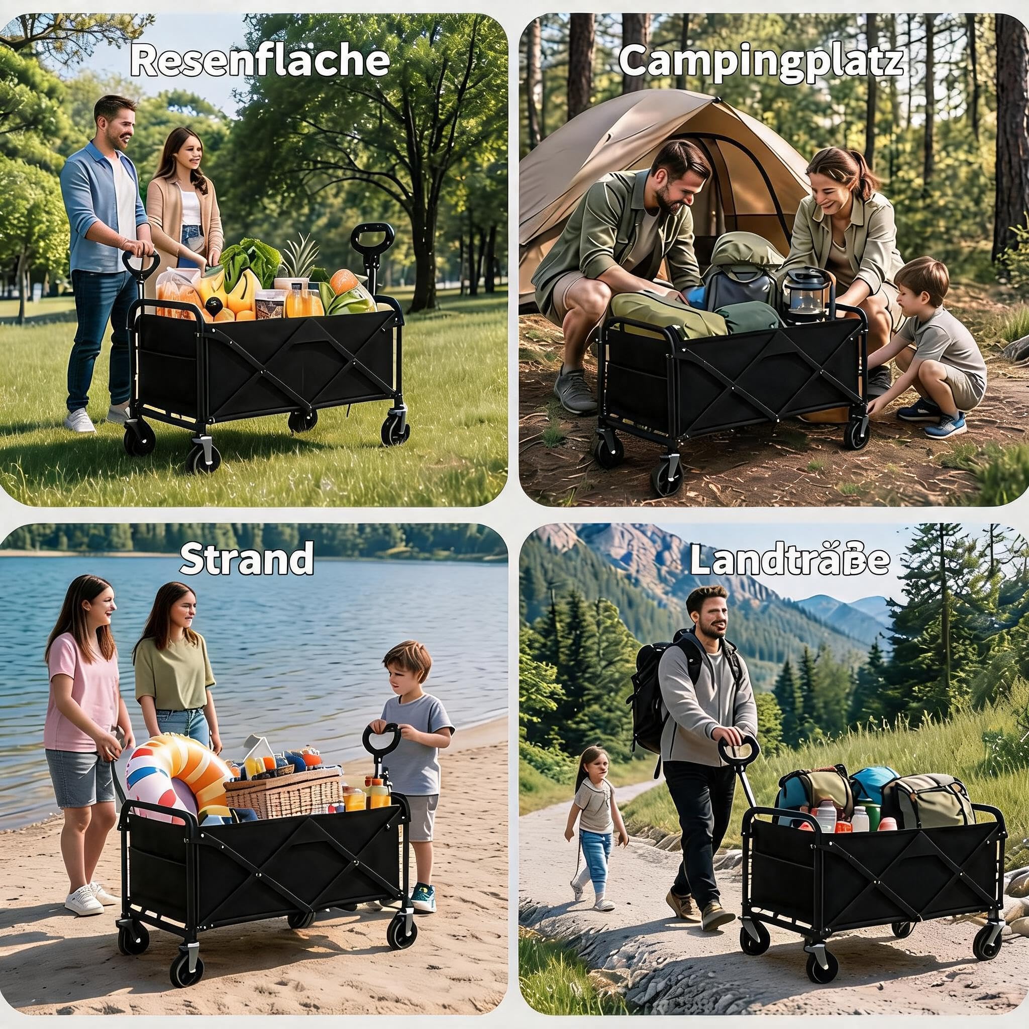 220L Faltbarer Schwerlast Bollerwagen, 172kg-200kg Traglast Transportwagen mit 360°Geländerädern,Stahlrahmen,600D Oxford PVC,Seitentasche,Verstellbarer Griff,für Outdoor Camping,Garten,Strand