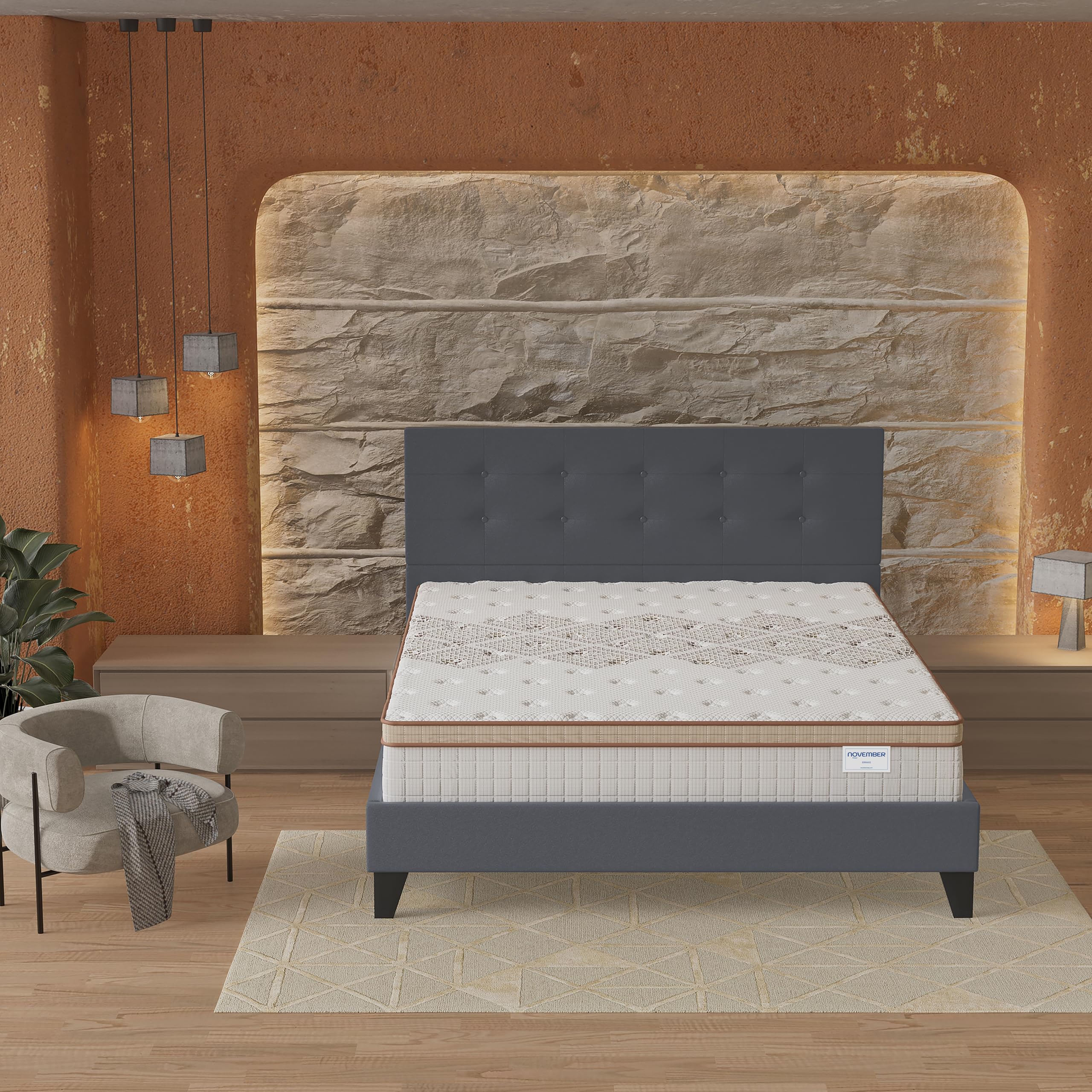NOVEMBER- Ensemble Matelas + LIT (140x200cm)- Matelas Errakis 28cm Ressorts ensachés & Mousse HDensité + Sommier tête de lit Bois Stable & Robuste revêtement synthétique Gris