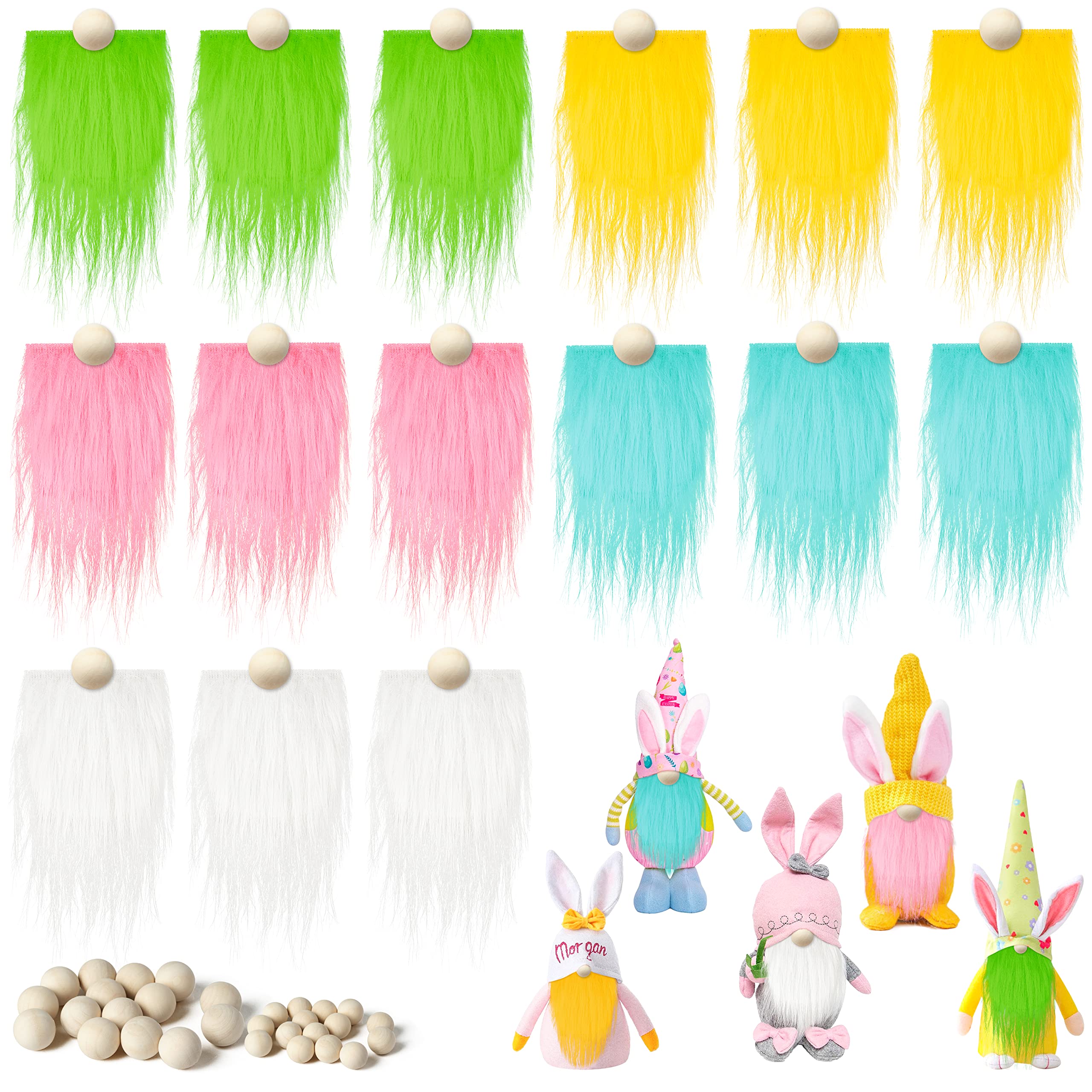 BWkoss 45Pcs EasterGnome Beard Faux Fur Fabric Spring Pre Cut Gnomes Beard Handmade Dwarf Fake Beard with Unfinished Wooden Balls Crafts for Easter St.Patrick's Day Home Party Decor