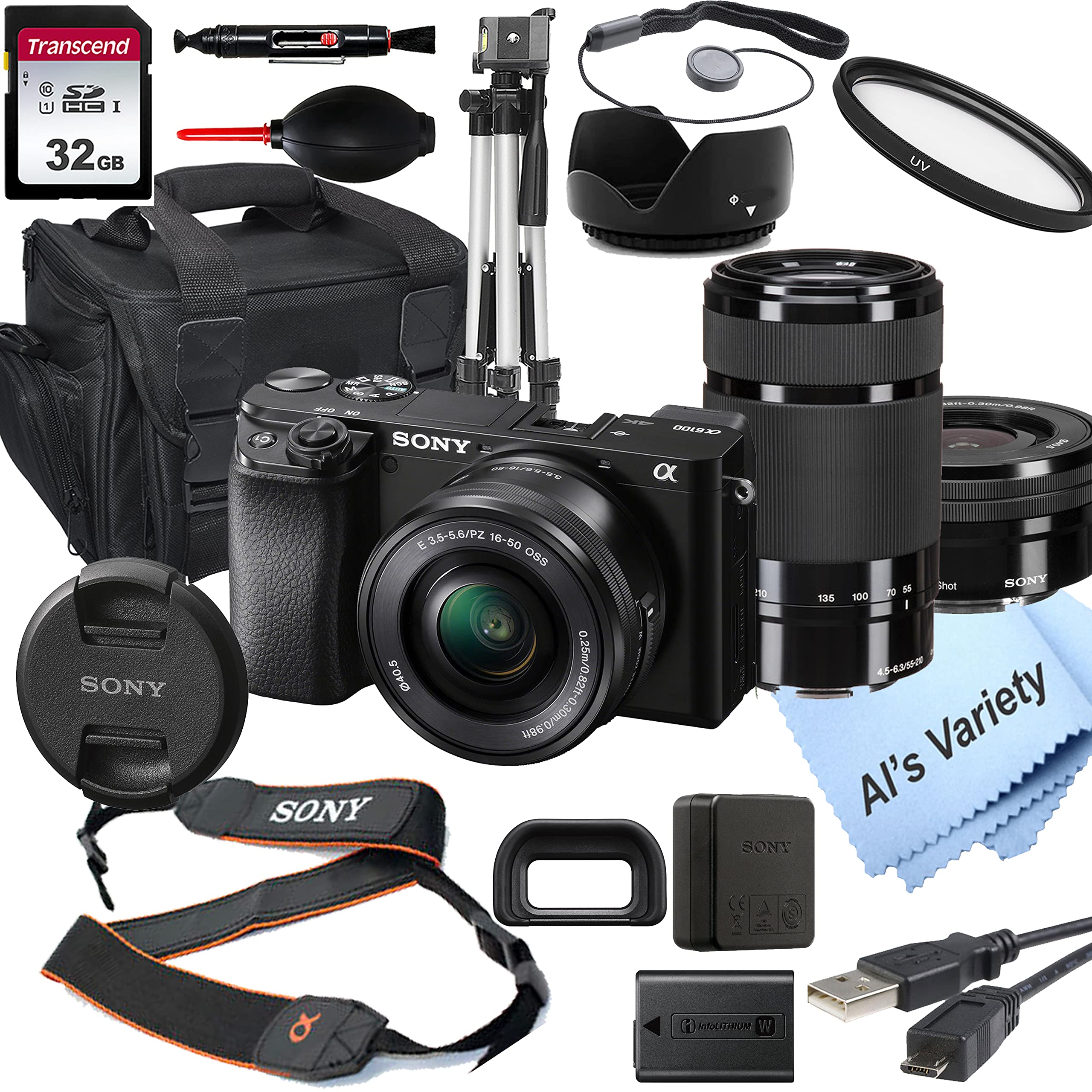 Sony Intl., Sony Alpha a6100 Mirrorless Digital Camera with 1650mm and 55210mm Lenses+ 32GB Card, Tr