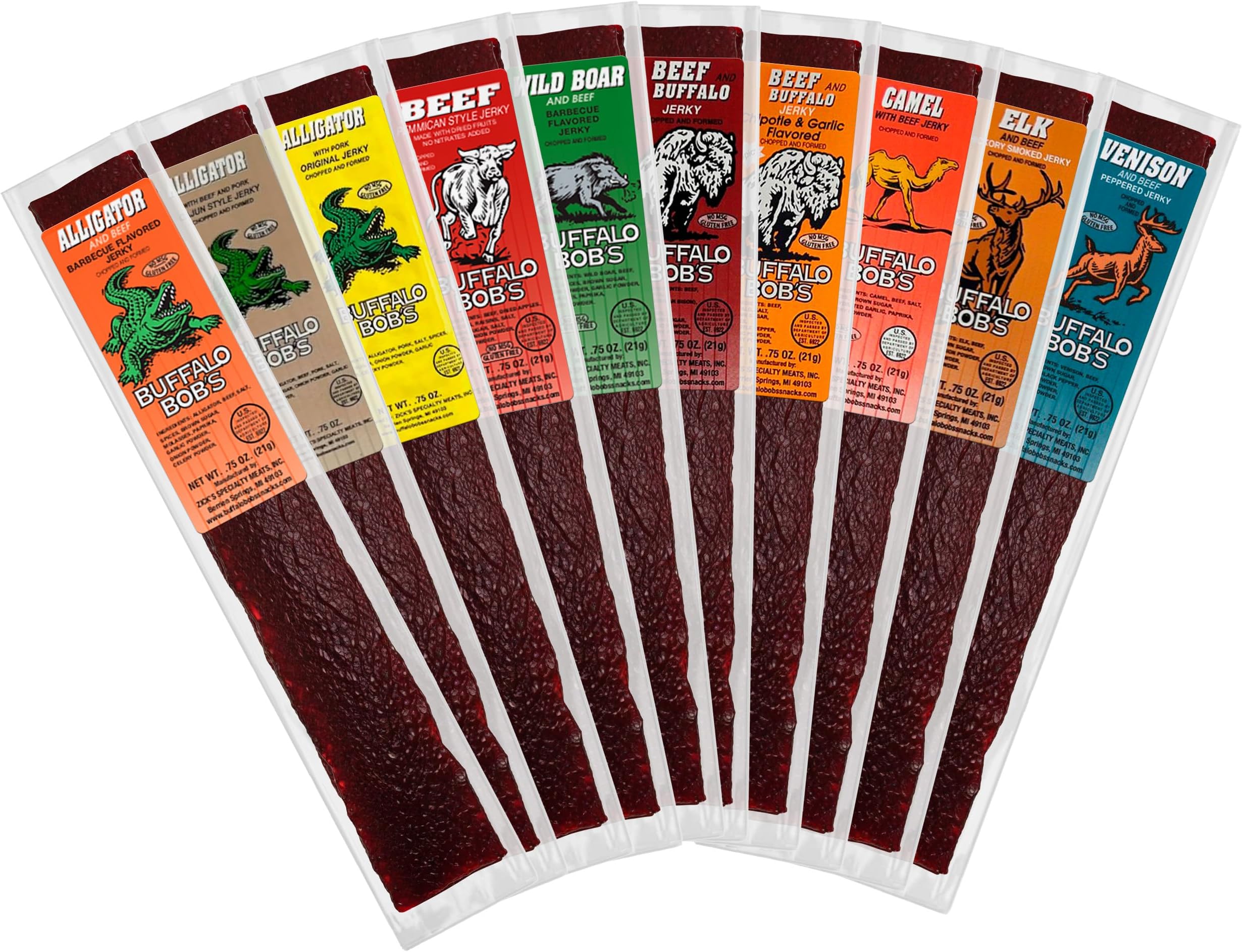 Exotic Jerky (10-Pack), 10 Flavor Variety Pack of Snack Sticks, Wild Game Beef Gifts for Men