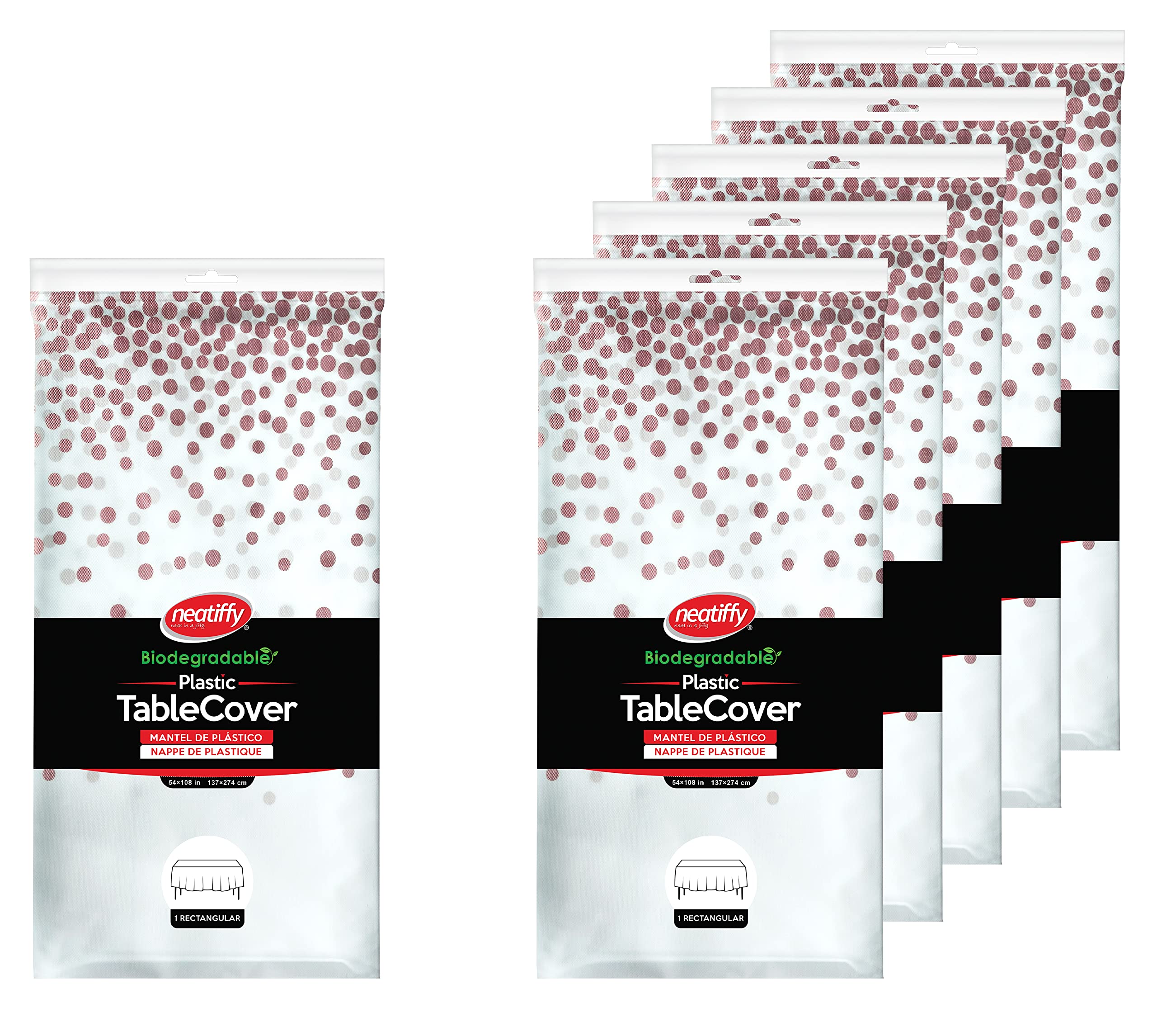 Neatiffy 54 x 108 Inch Rectangle Plastic Table Cloth Picnic/Camping/Birthday Party/Banquet Table Cover. Disposable Tablecloths (White with Rosegold Dot)