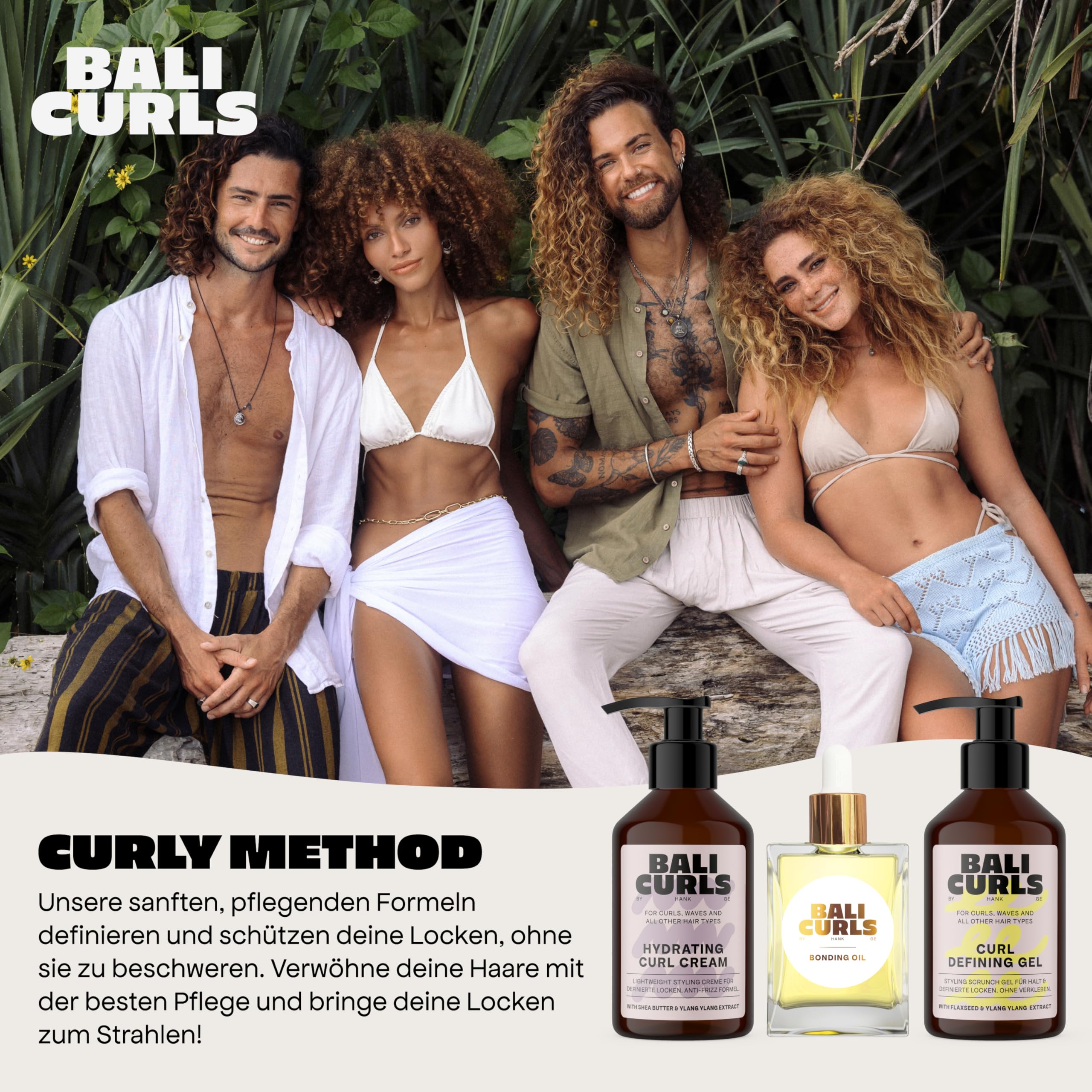 BALI CURLS Set – Gel définissant les boucles (150 ml), Crème hydratante pour boucles (150 ml) et huile de liaison (30 ml) – Kit de soin pour des boucles définies, brillantes et bien soignées