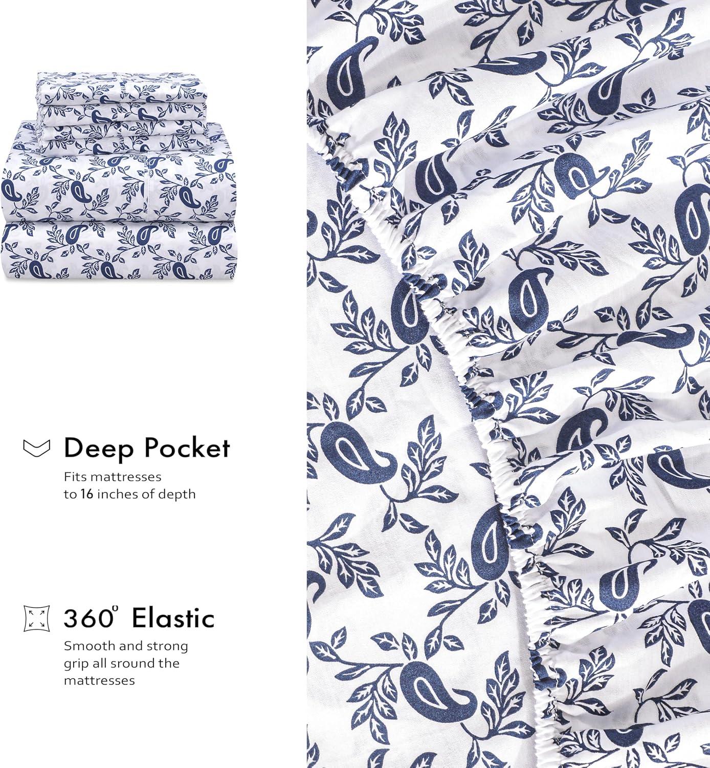 RUVANTI 6 Pcs Cotton Sheets - 100% Natural Cotton Soft, Lightweight & Breathable Crispy Percale Bed Sheets, King Size Sheets Set 16" Deep Pockets, Paisley Ornament - Image 6