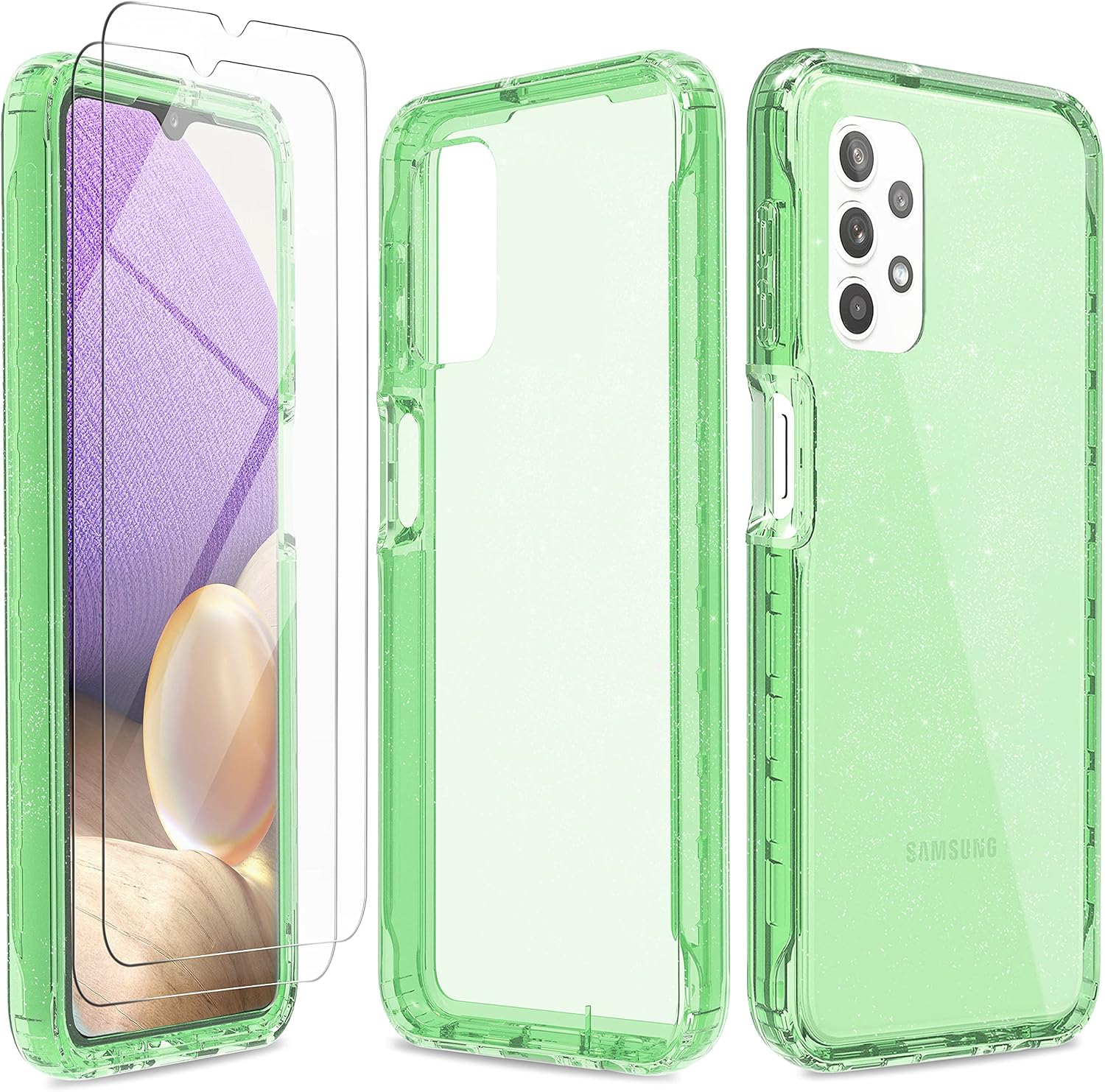 UNPEY for Samsung Galaxy A32 5G Case (6.5'') | Sparkle Shockproof Phone Case with [2 Tempered Glass Screen Protector] [Hard PC+Soft TPU ]| Bling Slim Cover for Women Girls -Green Glitter