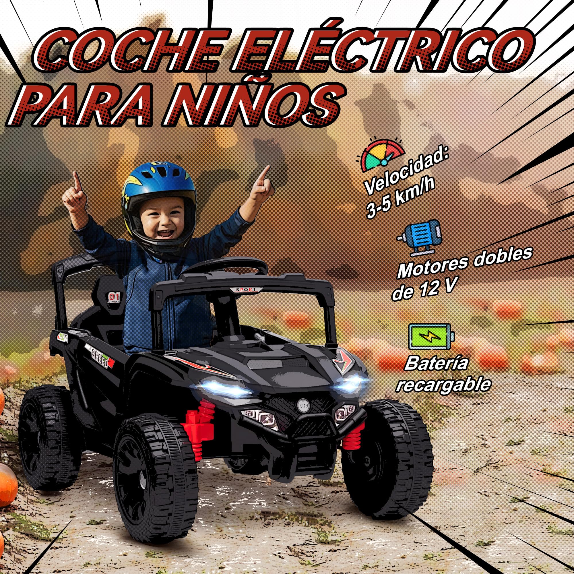 AIYAPLAY Coche Eléctrico para Niños 12V, UTV con 2 Motores, Control Remoto 2.4G, 3-5 km/h, Suspensión Trasera, Faros, Música, para Niños de 3-5 Años, Negro