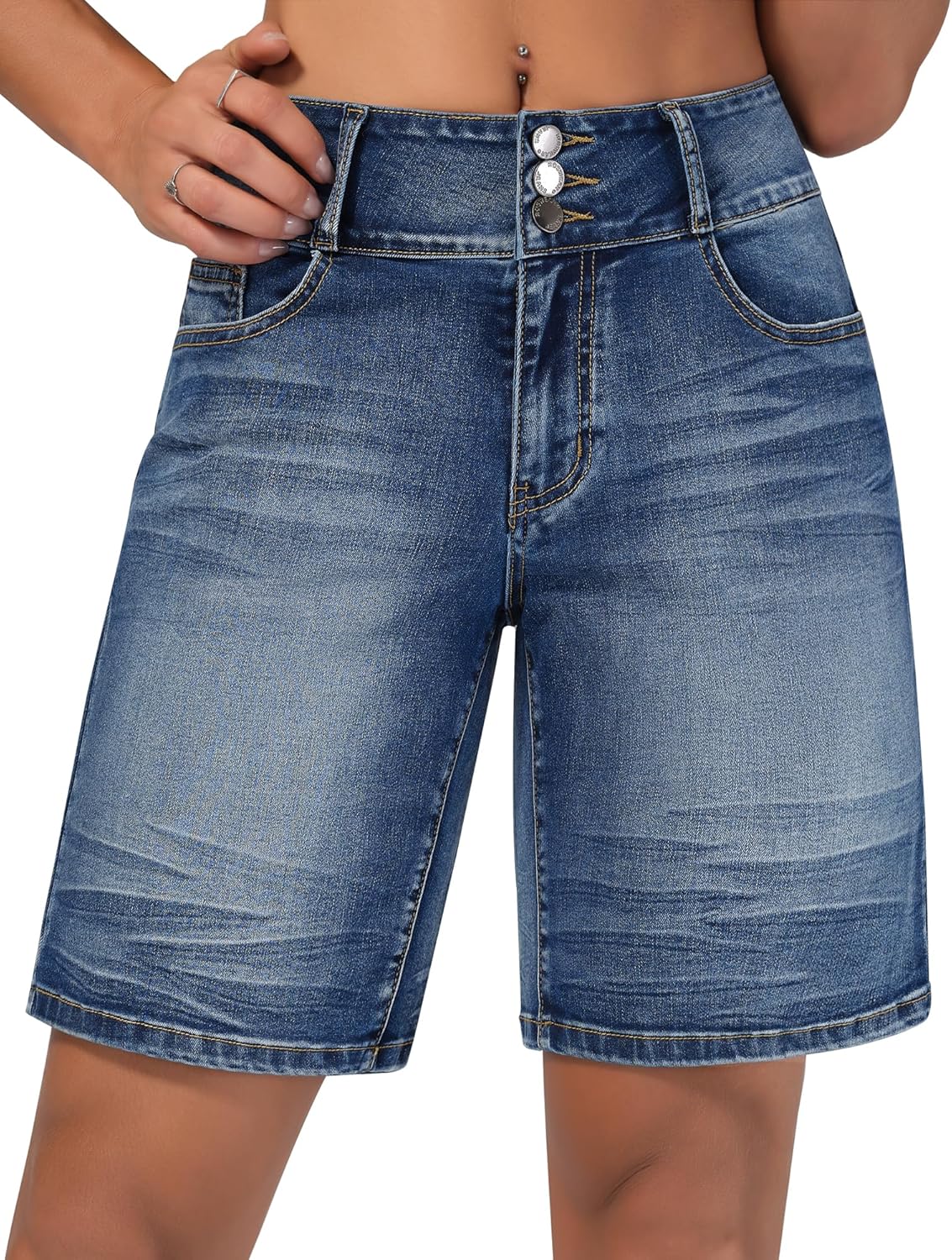 roswear Women's Stretchy Wide Leg High Waisted Frayed Hem Long Jean Shorts