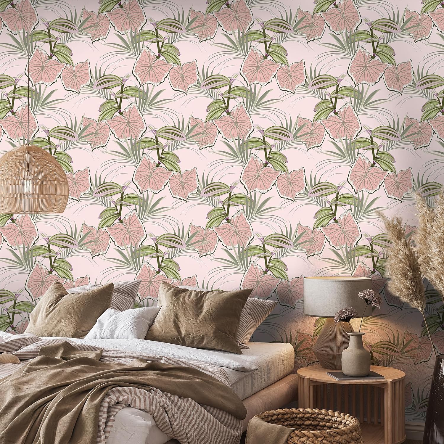 VaryStyle 17.7"x393" Tropical Pink Wallpaper Pink/Green Leaf Botanical Peel and Stick Wallpaper Pink Floral Contact Paper for Cabinets Walls Renter Friendly Vinyl Wallpaper for Girls Bedroom Nursery