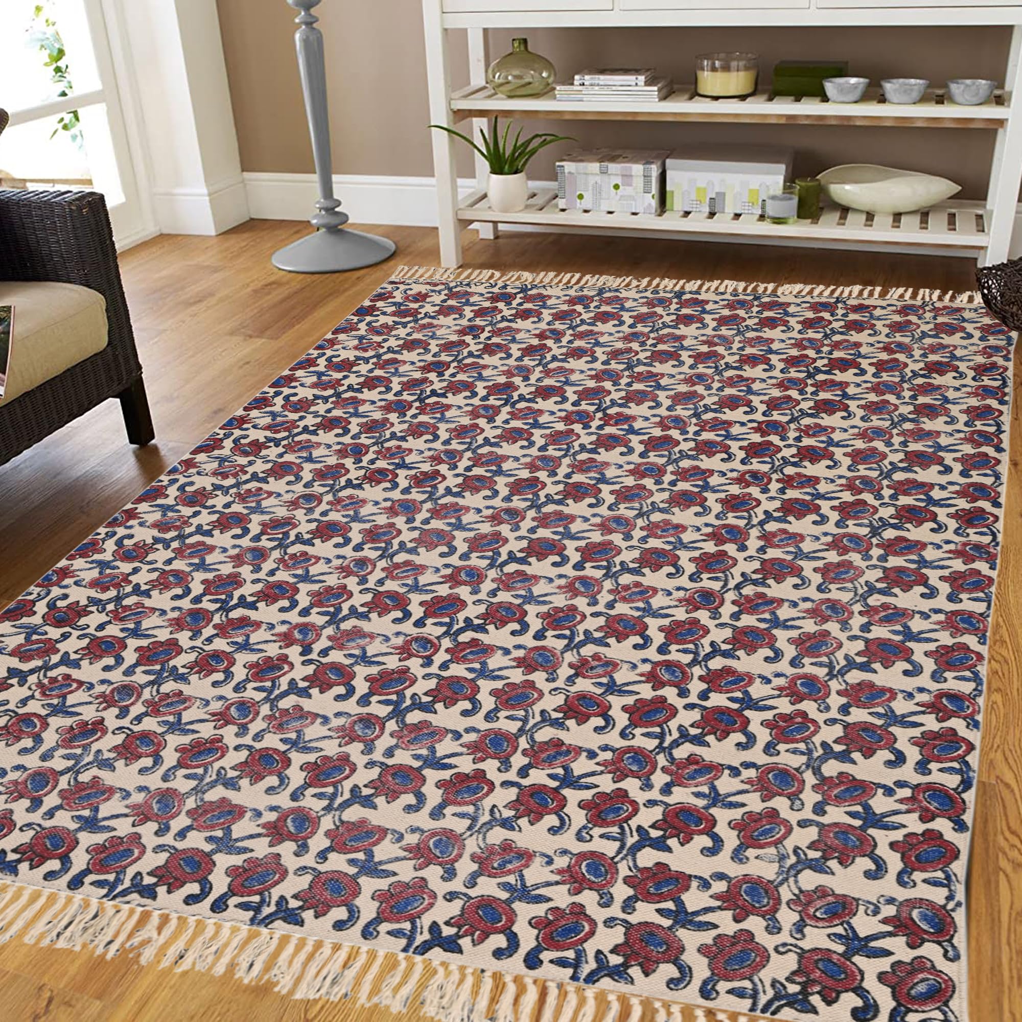 SAMURAI HOME 4x6 ft Floor Carpet/Area Rug/Dhurrie, Cotton Handmade Indoor Non-Slip Floor Rugs for Living Room Bedroom, Hall, Kitchen, Office, Farmhouse, Outdoor