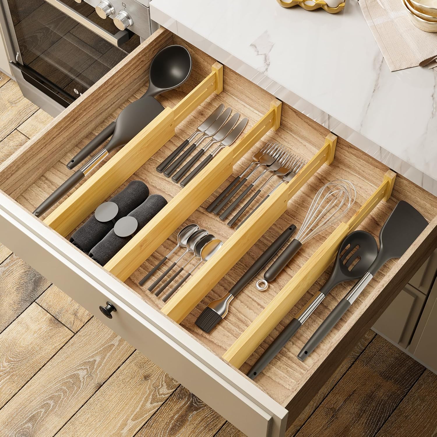 BAMEOS 4 pcs 3" High Bamboo Drawer Dividers Adjustable Drawer Organizer Expandable Drawer Organization Utensil Organizers for Kitchen Dresser Bathroom Bedroom and Office Natural 3''H, 13.3''-19''L
