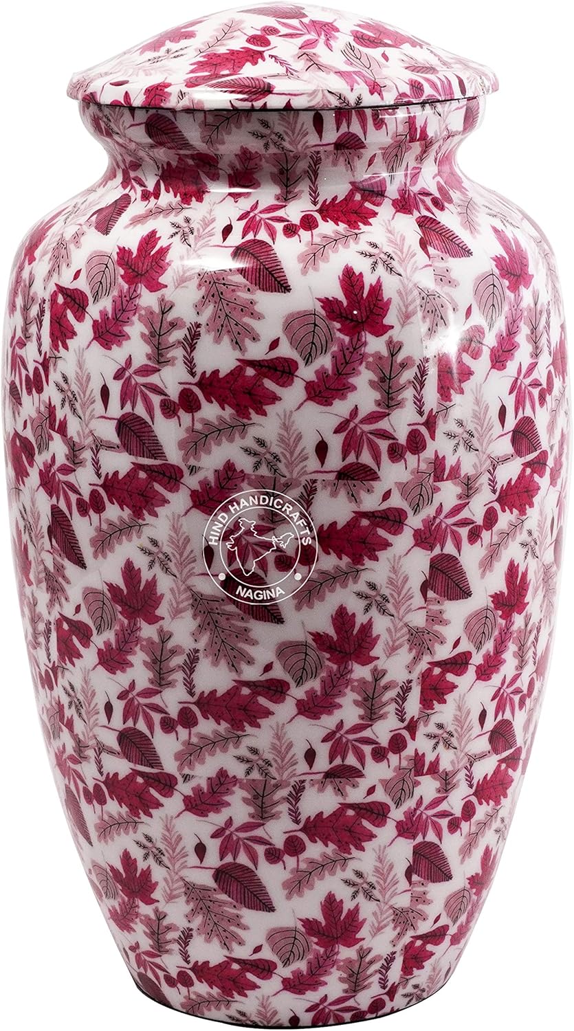 Aluminium Cremation Urn for Human Ashes Adult - Handcrafted Funeral Memorial Ash Storage Urn - Affordable Urn - Bag Included (Large - 200 Cubic Inches or lb, Fall Leaves-2)
