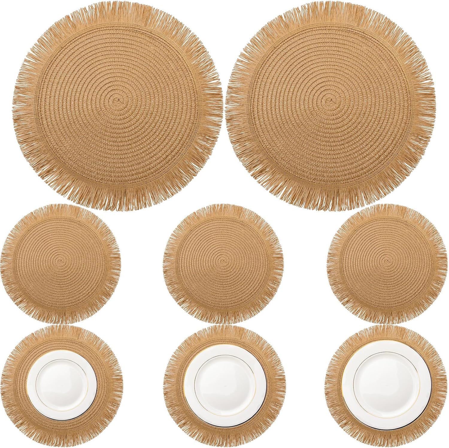 6 Pack15 Inch Round Woven Placemats Brown Boho Washable Braided Straw Placemats with Fringe Bohemian Rustic Table Mats for Dining Table Nonslip Plate Farmhouse Kitchen Decor