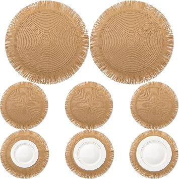 6 Pack 15 Inch Round Woven Straw Placemats with Fringe, Boho