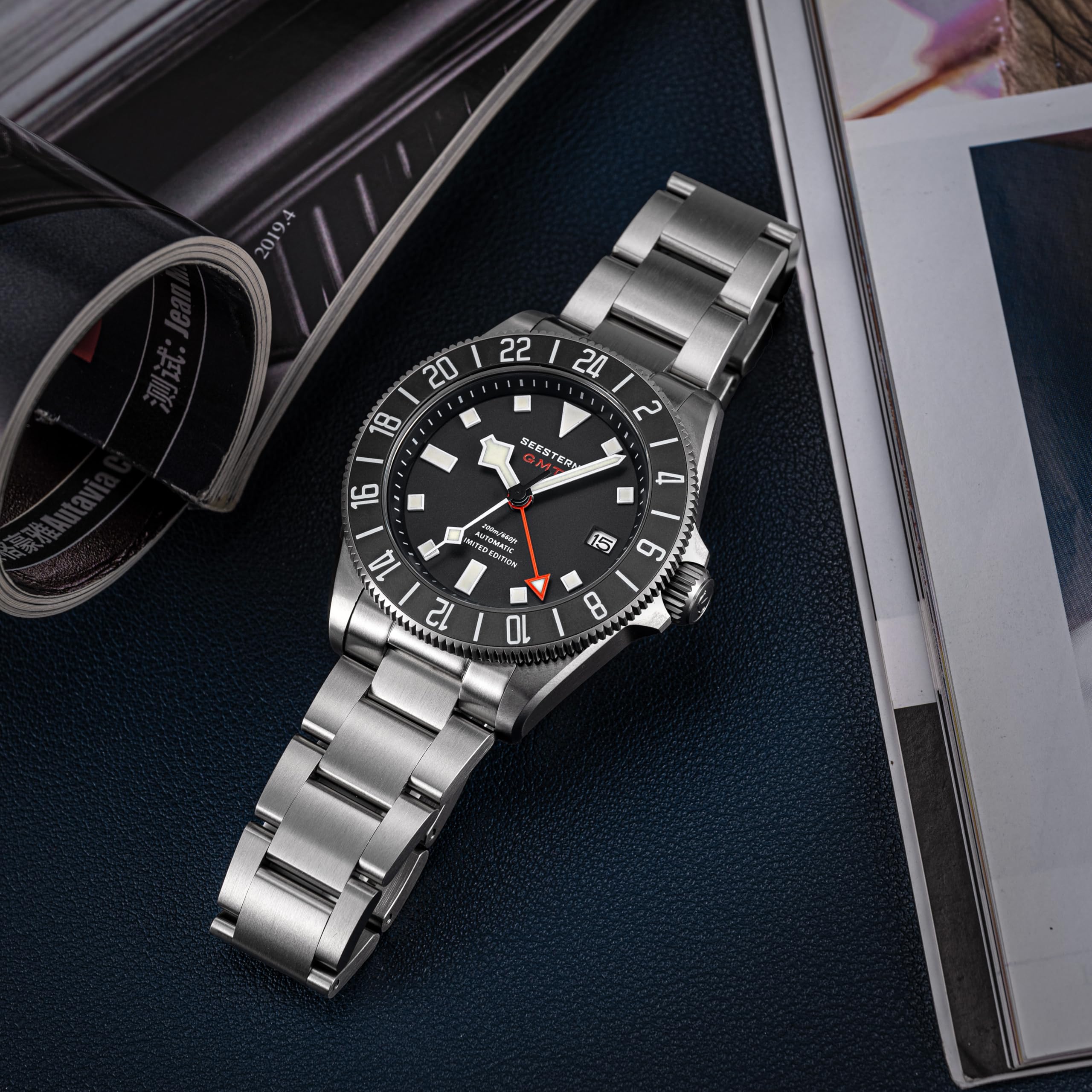 Titanium GMT S462.K, wasserdichte Sportuhr, automatisch, mechanische Herren-Taucheruhr, 200 m, Schwarz, Sport