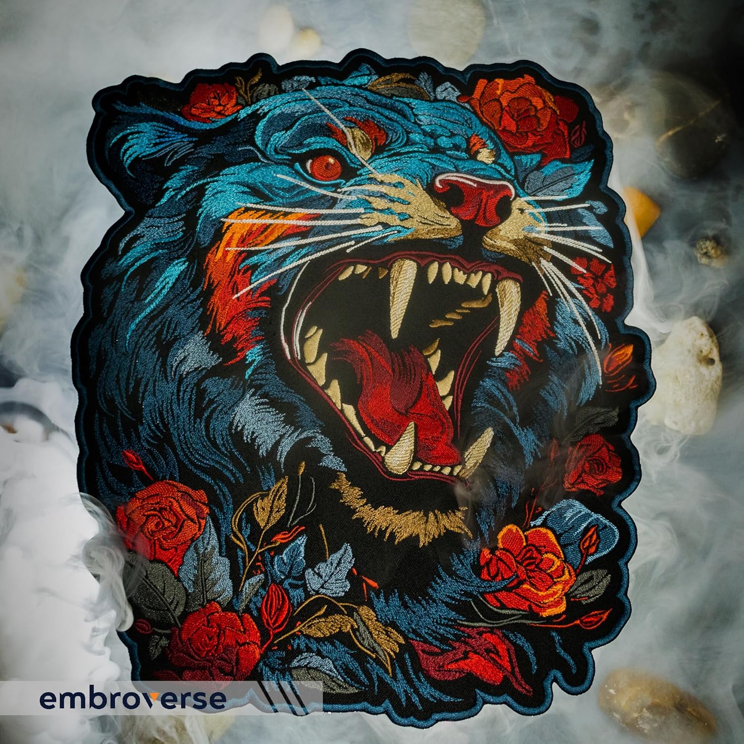 EMBROVERSE Roaring Panther Large Back Patch - Fierce Feline Beast with Roses - Embroidered Floral Applique for Jacket - Iron-On Denim Accessory, 11.5 x 13.7 inches