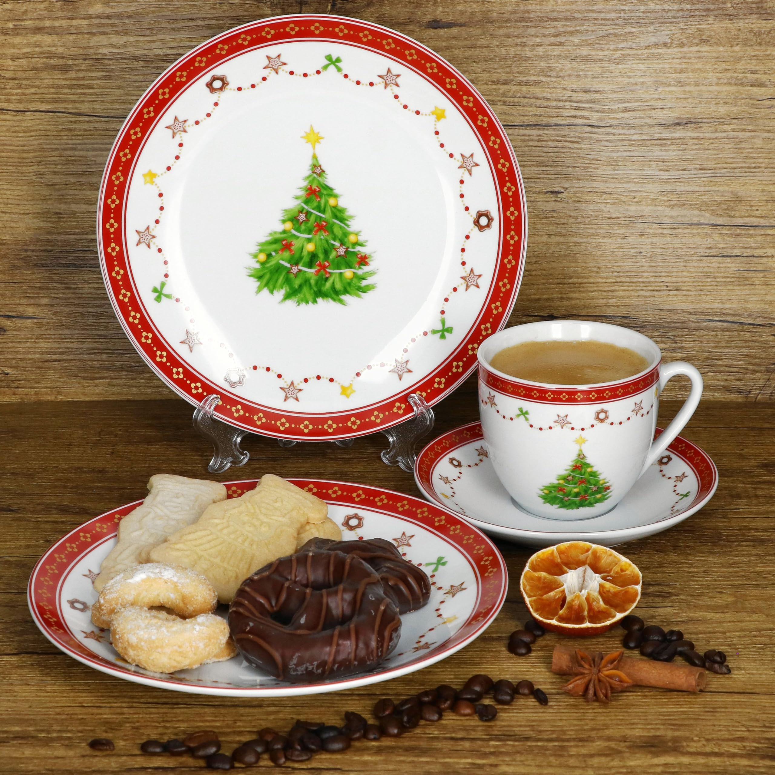 MamboCat Weihnachtstraum Service à café 18 pièces I Service à café en porcelaine pour 6 personnes avec décor de Noël I 6 tasses à café de 190 ml, soucoupes et assiettes à gâteau I Vaisselle pour Noël