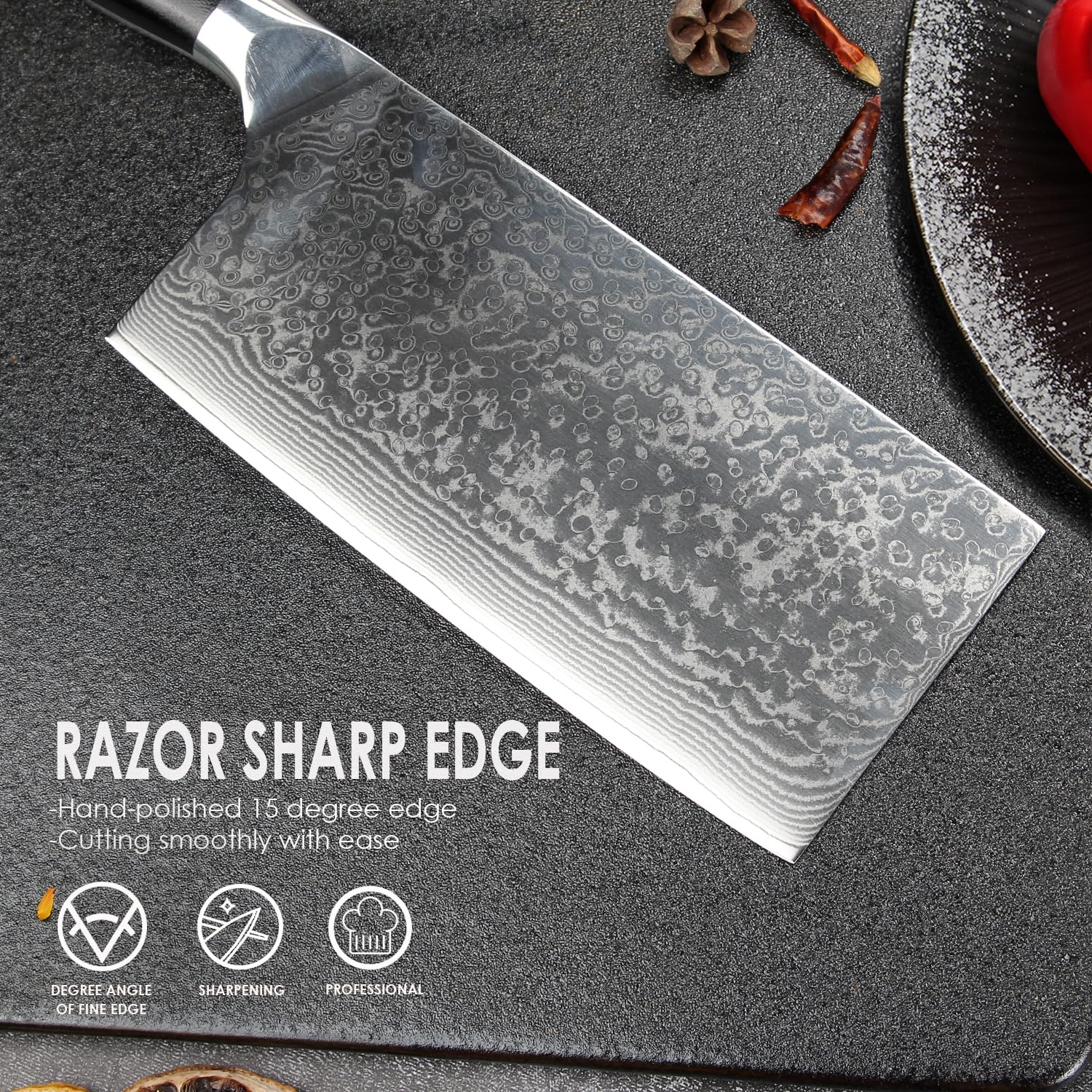 Home Safety Coltello Damasco Coltello da Carne - Mannaia Cinese Damasco 17,5 cm Lama in 67 Strati di Acciaio Damasco con Manico in G10 - Affilato e Bilanciato