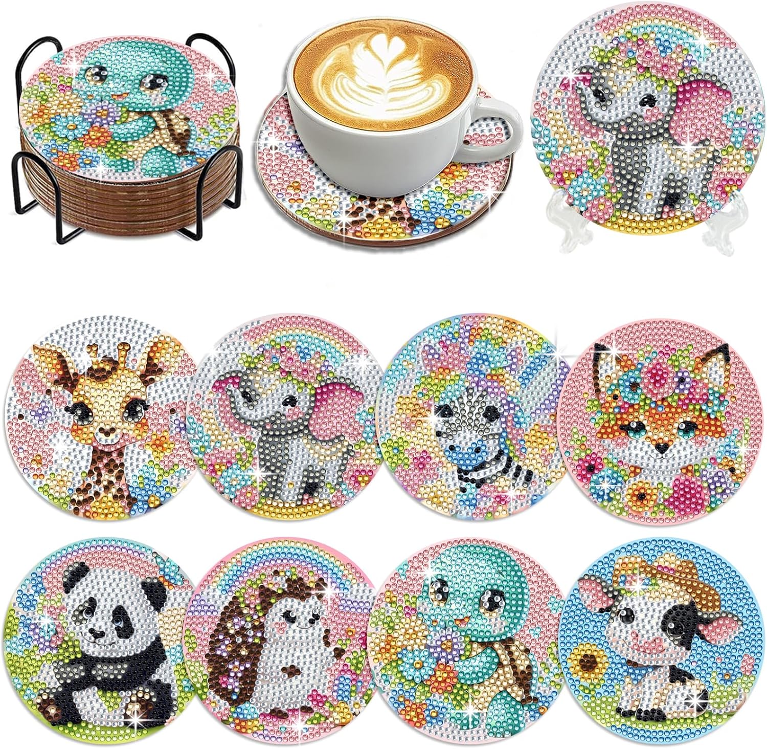 Muzagroo Art Cute Animals Diamond Painting Coasters Kits with Holder Diamond Art Coaster Kits for Beginners Diamond Paintings Kits for Adults Stress-reducing Handicrafts 8 PCS (Animals)