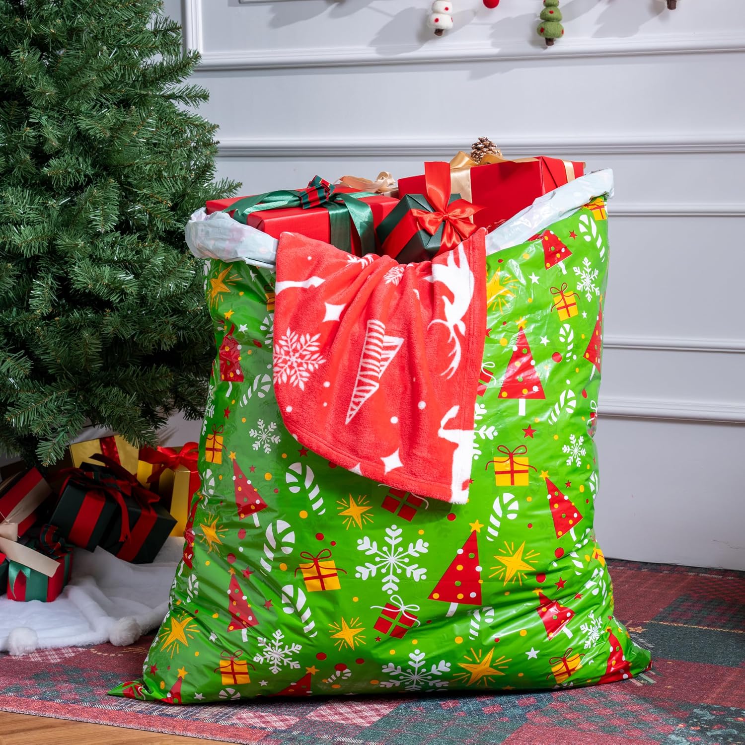 JOYIN Christmas 1 PC Large Green Plastic Gift Bag 56" x 36" with Gift Tags for Heavy Duty Large Gifts, Xmas Presents Wrapper