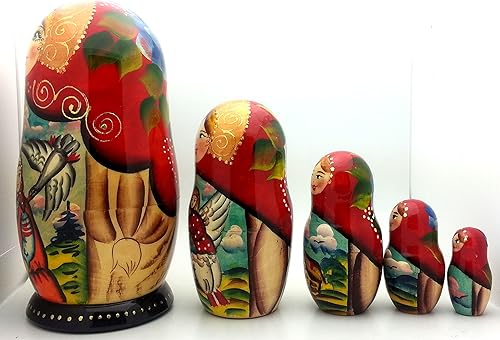 Miniatura 3 de Juego de 5 muñecas rusas talladas a mano pintadas a mano, juego de 5 piezas de cisne y gansos, juego de apilamiento de cuento de hadas de 7 pulgadas