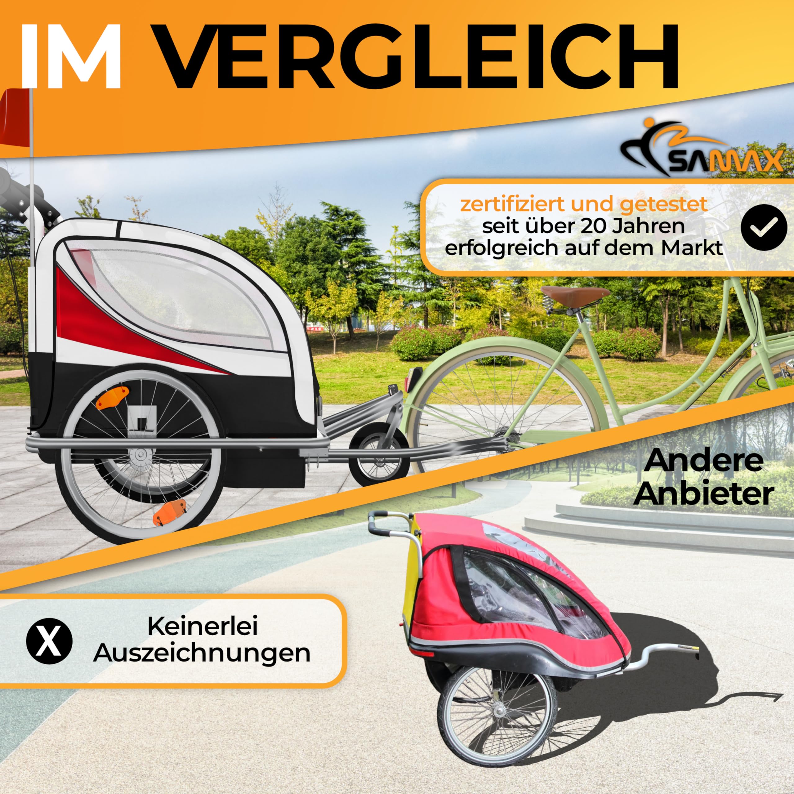 SAMAX Remolque de Bicicleta para Niños 360° girable Kit de Footing Transportín Silla Cochecito Carro Suspensíon Infantil Carro en Rojo - Silver Frame