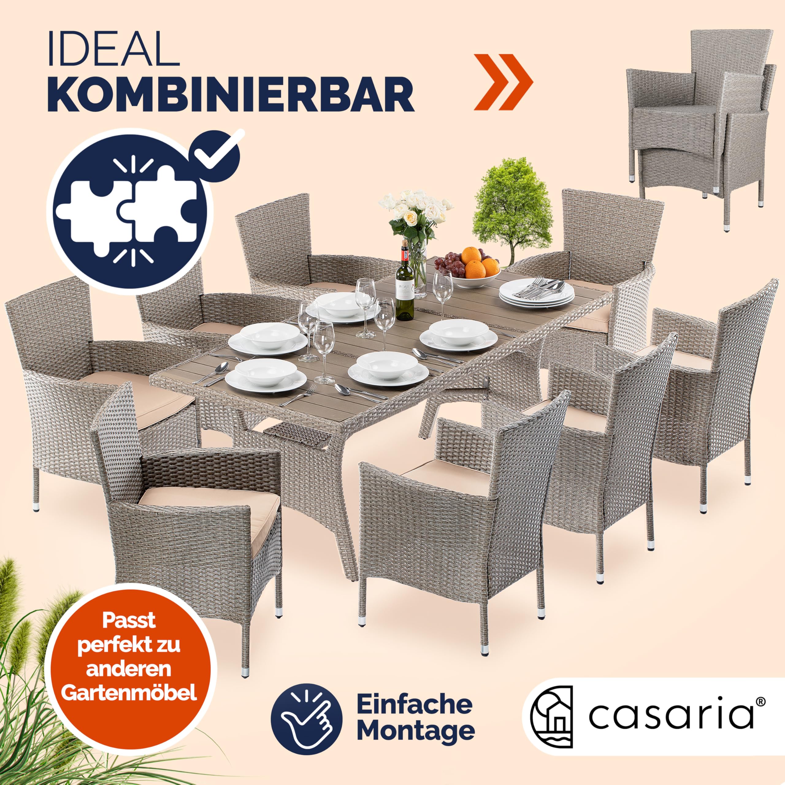 Casaria® 2er Set Poly Rattan Gartenstuhl mit Auflage Stapelbar Wetterfest 160 kg Belastbar Stapelstuhl Garten - Beige Grau