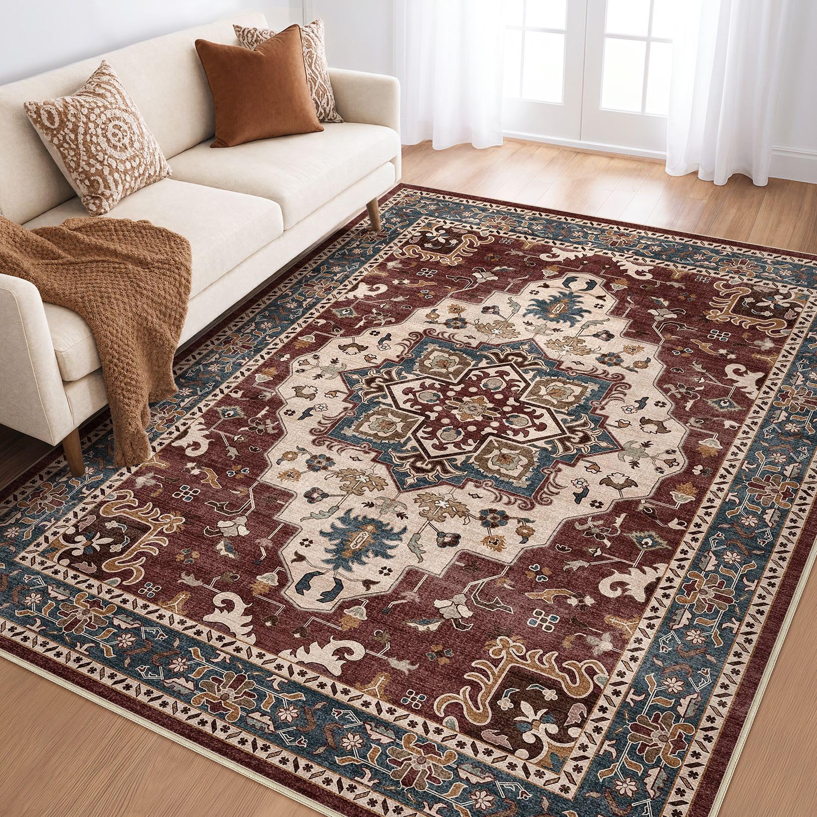 LOONGRUG 6x9 Area Rug Washable Vintage Boho Living Room Rug Burgundy