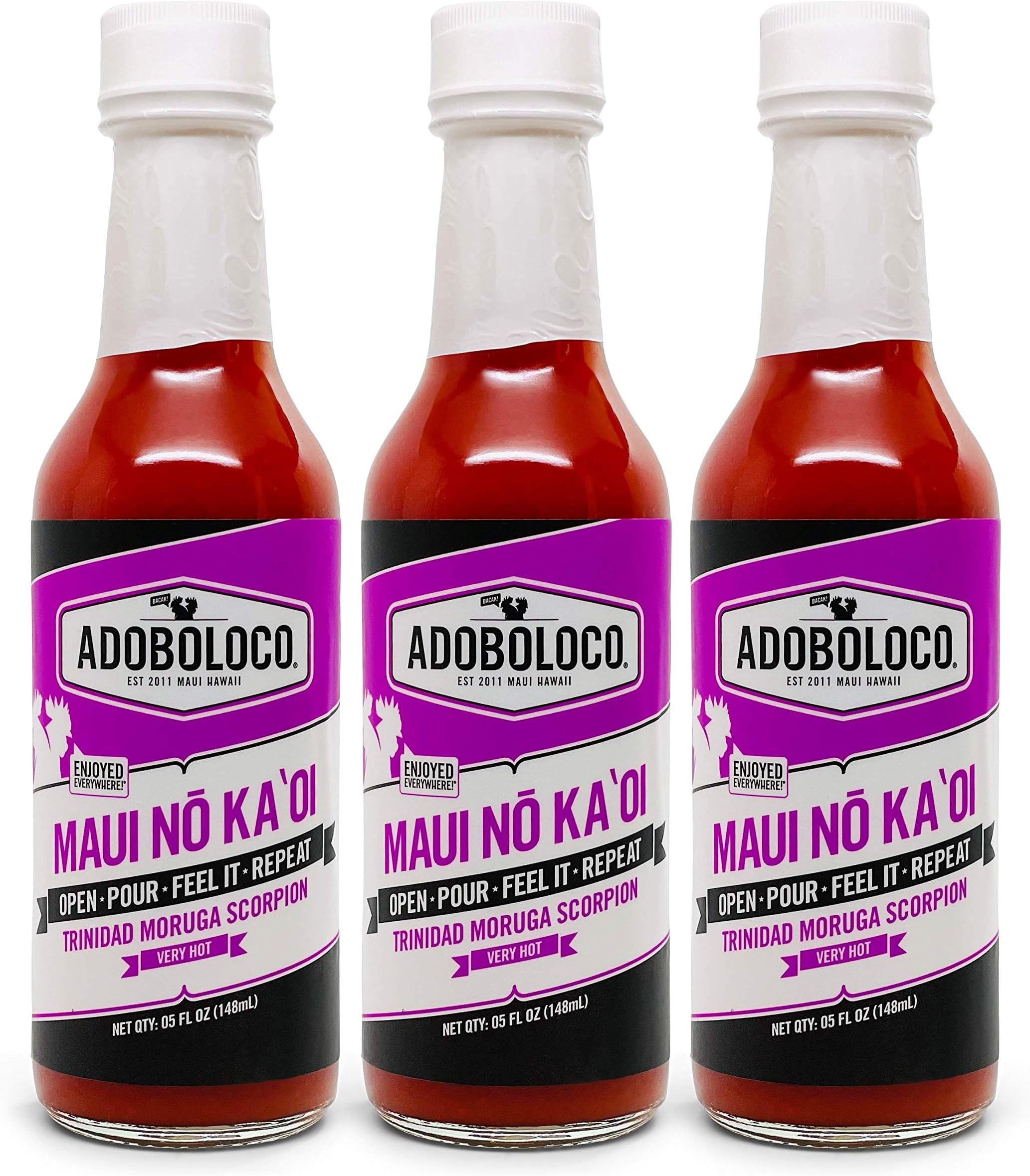 Maui No Ka Oi - Pure Trinidad Moruga Scorpion Hot Sauce - Adoboloco Hot Sauce - Extremely Hot, Hot Sauce - 3, 5.6oz Bottles