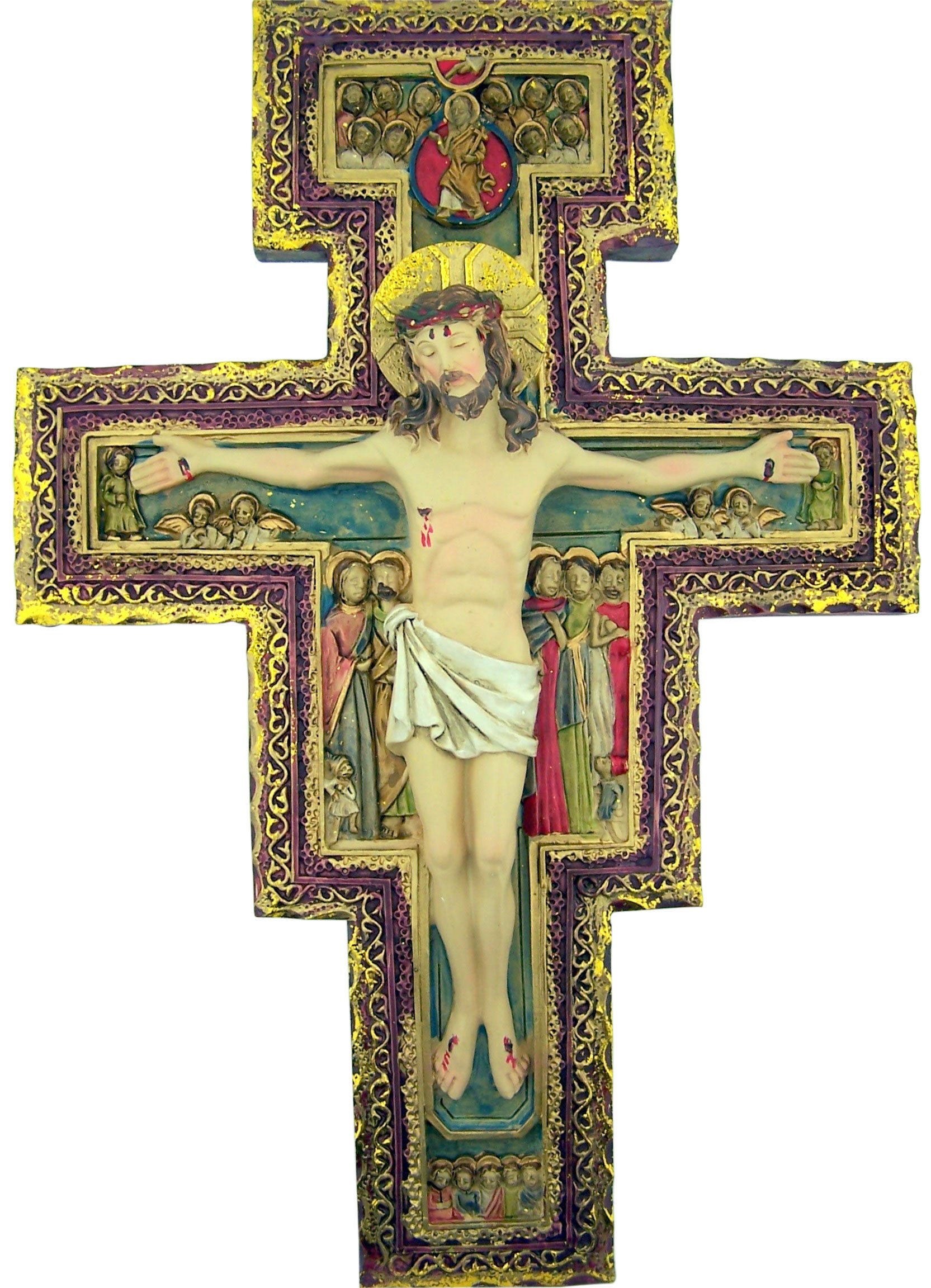 Catholic Gift 10 1/2 Inch Painted Resin San Damiano Wall Tau Cross Crucifix Home Chapel Decoration