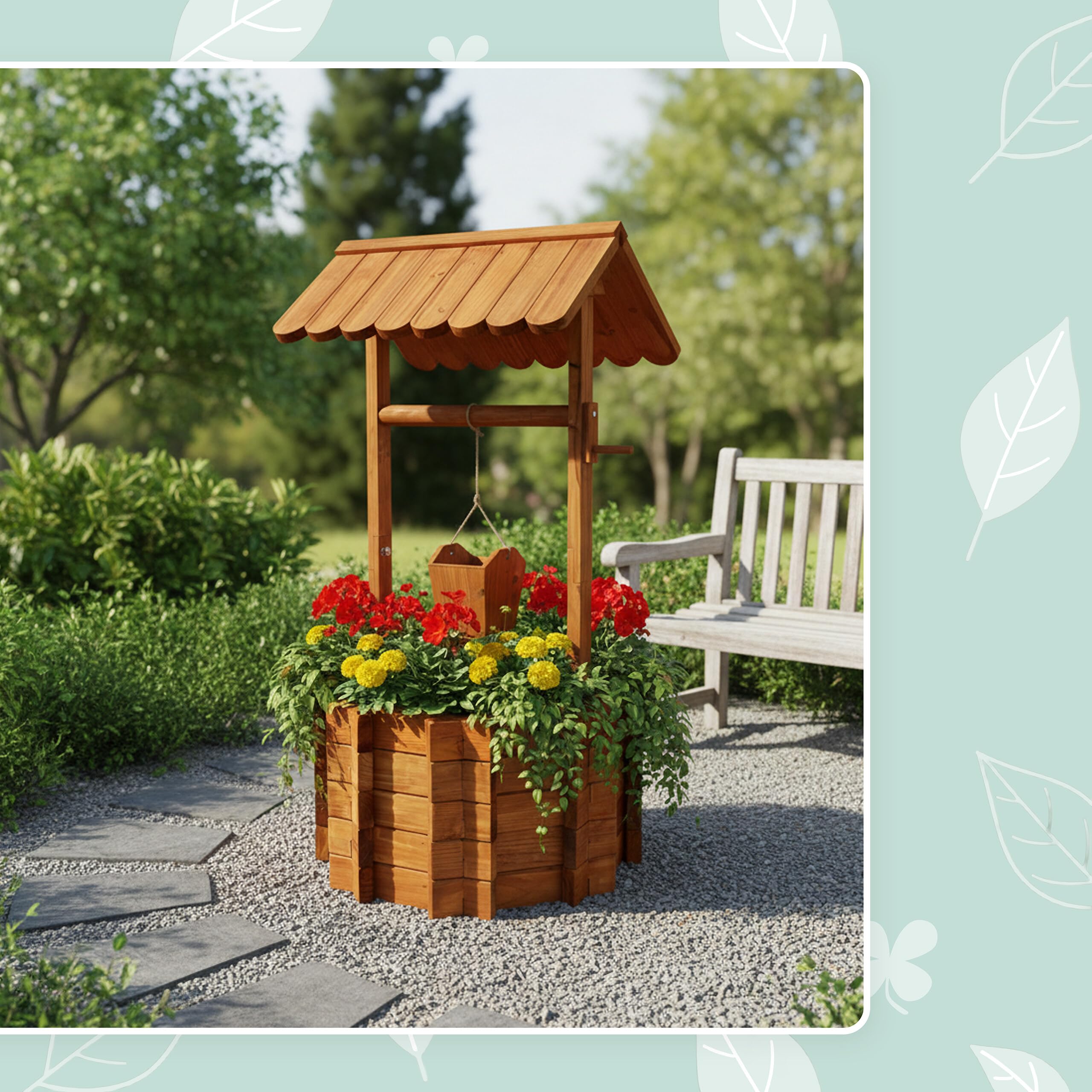Relaxdays Fontaine décorative en Bois avec bac à Plantes, Seau et manivelle, 114 x 56 x 56 cm, Orange