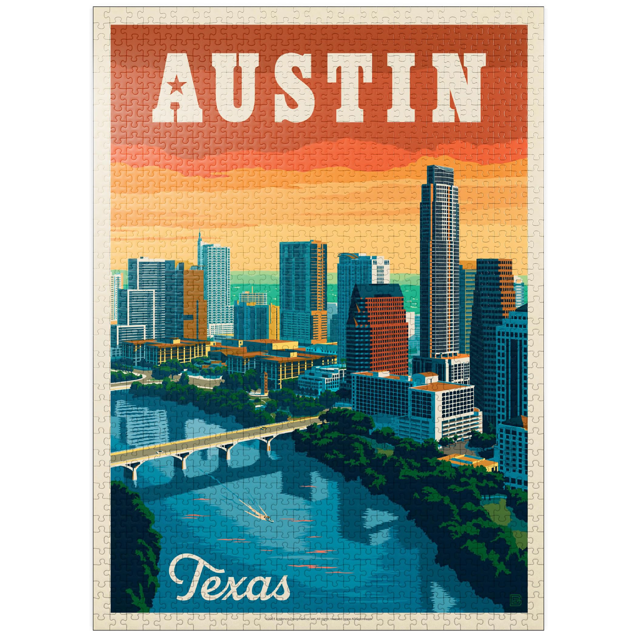 MyPuzzle Austin, Texas: Skyline, Vintage Poster - Premium 1000 Piece Jigsaw Puzzle for AdultsClimatePartner certified