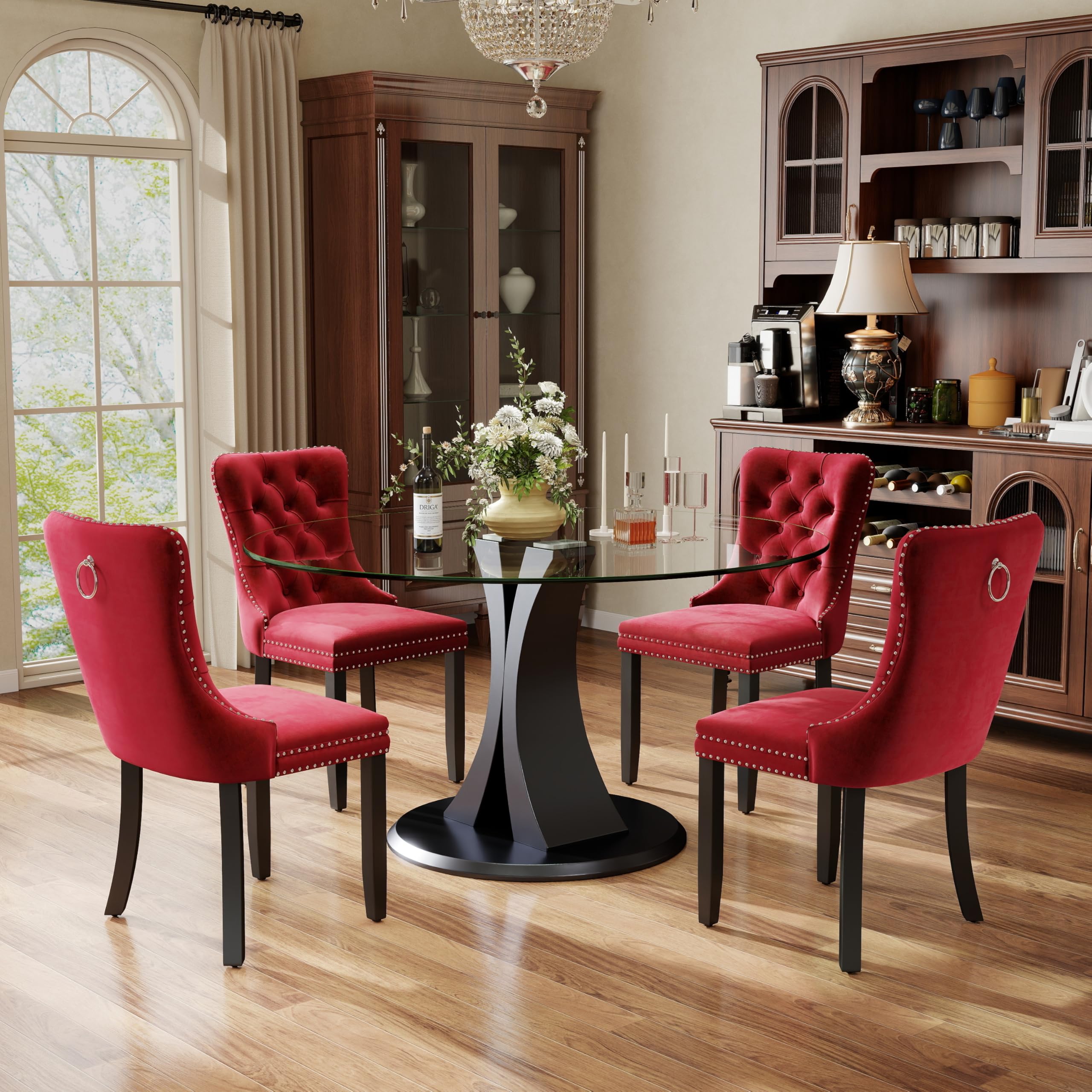 5-Piece Dining Table Set with 47In Tempered Glass Table and 4 Velvet Upholstered Chairs, Modern Scandinavian Furniture for Dining Room Kitchen(Burgundy)