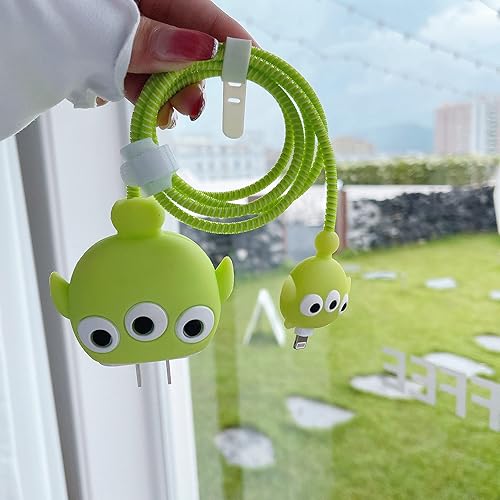 Miniatura 4 de Funda protectora de cargador de dibujos animados 3D, compatible con adaptador de corriente USB-C de 20 W y cable Lightning (alienígenas verdes)