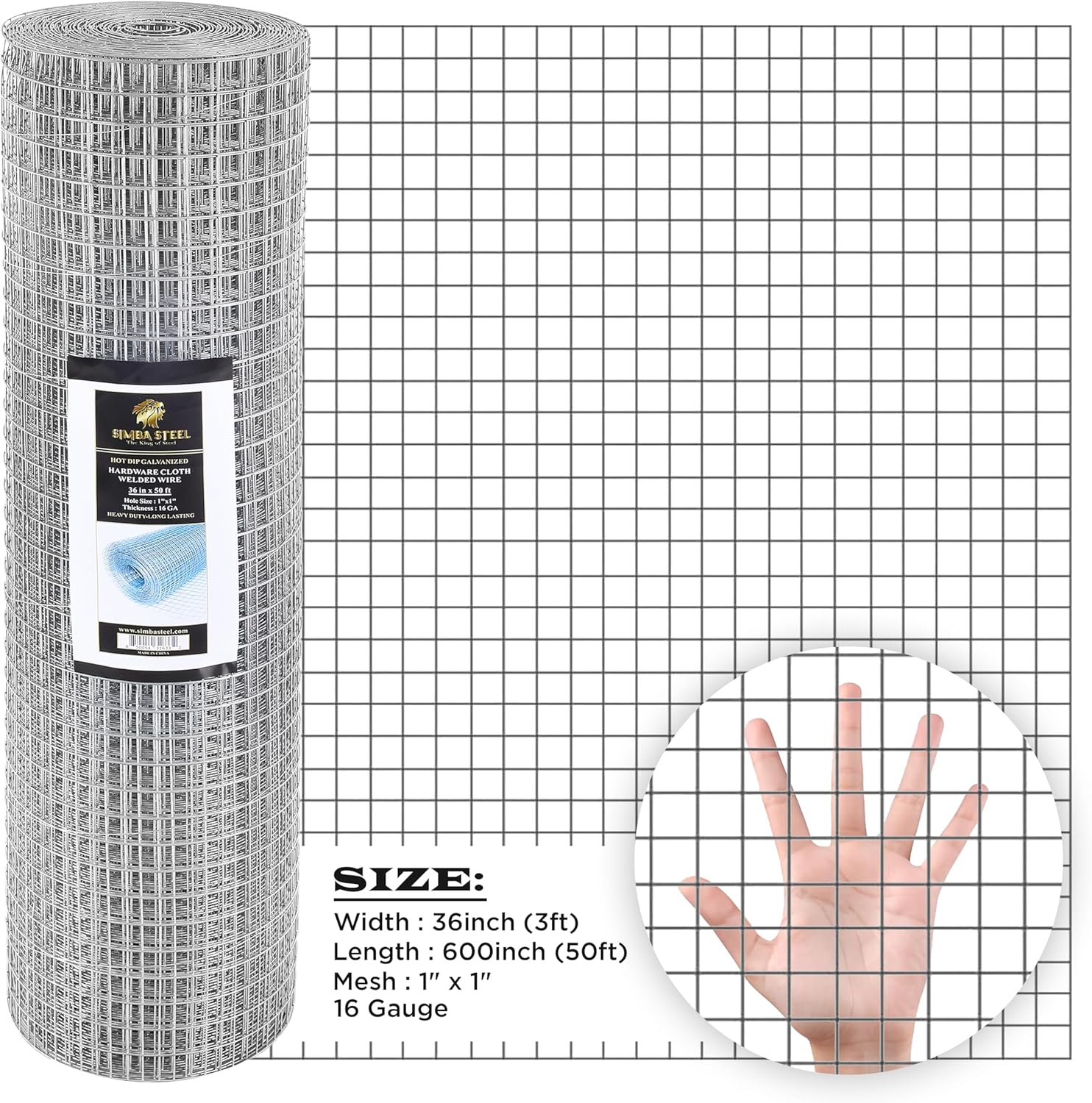 36” x 50 FT Hardware Cloth 1 inch Mesh 16 Gauge, Hot Dip Galvanised Wire Mesh, Rust Proof, Welded Cage Wire Rolls for Garden, Fence, Chicken, Rabbit, Pet Enclosures